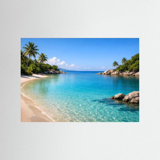 Querformatiges Strandposter mit türkisfarbenem Meer, feinem Sand und Palmen