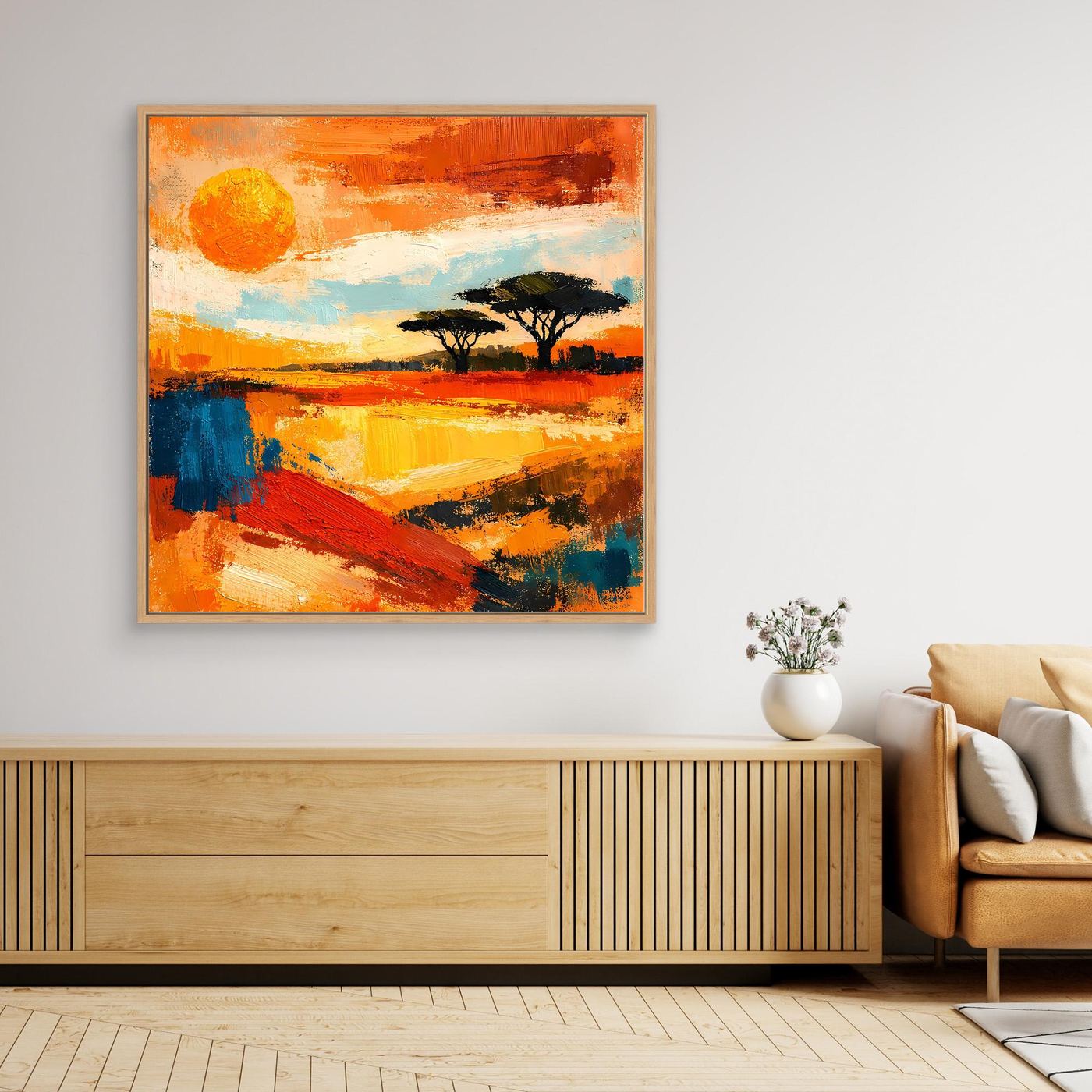 Abstract sunset savanna canvas wall art with tree silhouettes, light wood frame