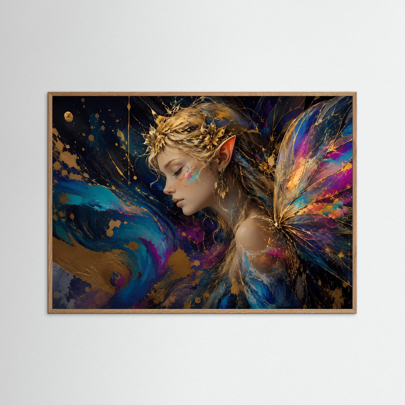 Fantasy-Elfen-Poster mit naturfarbenem Eichenrahmen: Elfe im Profil, goldene Kopffeder und bunte Flügel