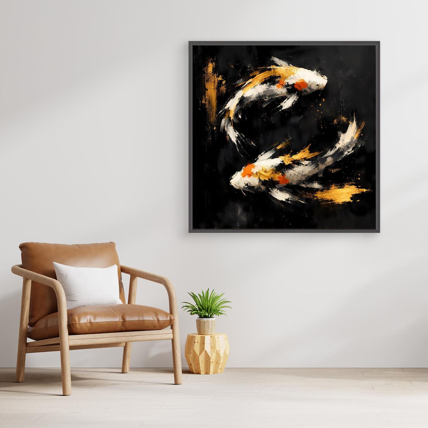 Leinwand Abstrakte Koi-Fische in Gold und Orange | Modernes Yin Yang Wandbild