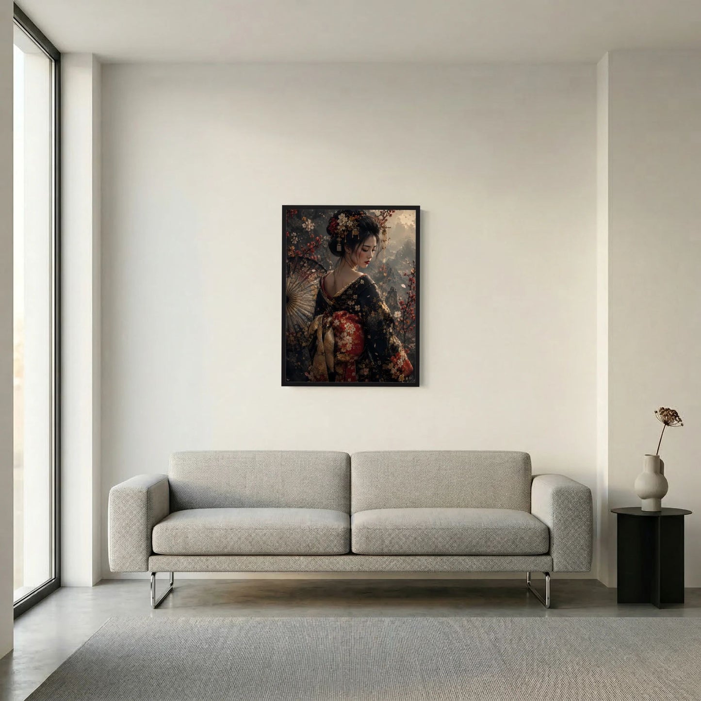 Poster mit japanischer Geisha im floralen Kimono, schwarzer Rahmen, ruhiges Porträt