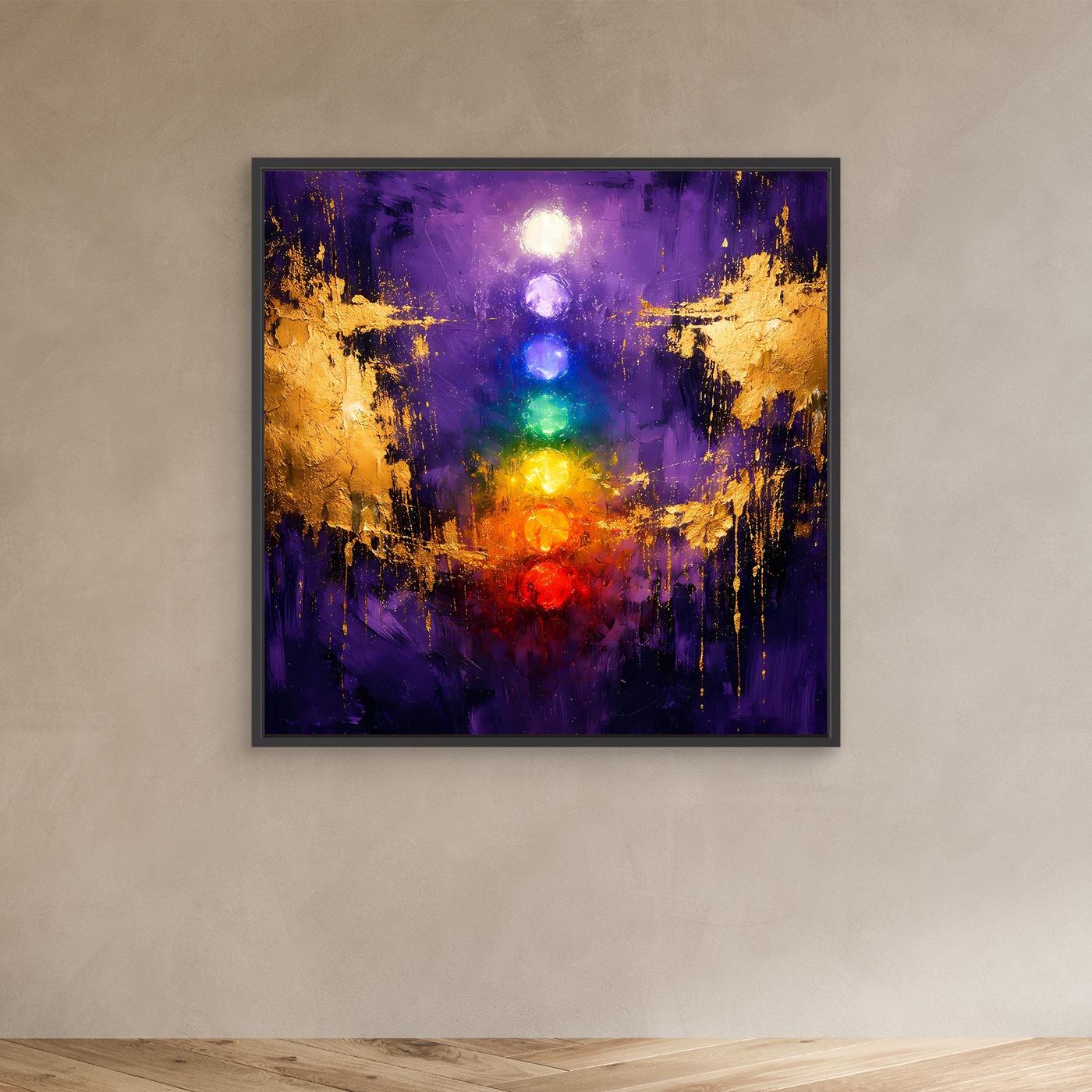 Leinwand Sieben Chakren auf tiefem Violett | Modernes Spirituelles Yoga Wandbild