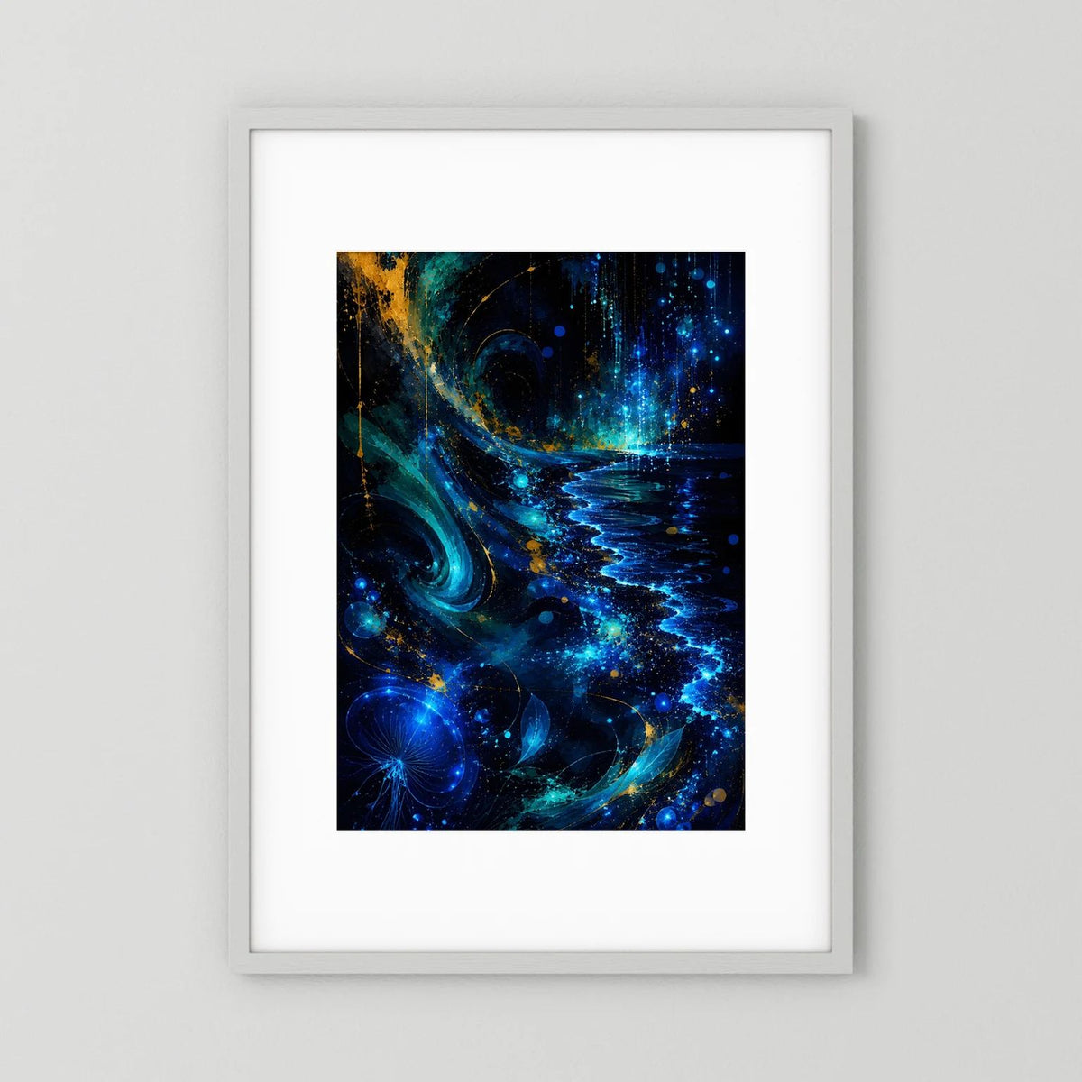 Gerahmtes Hochformat-Poster mit abstrakten Meereswellen in Blau und Gold