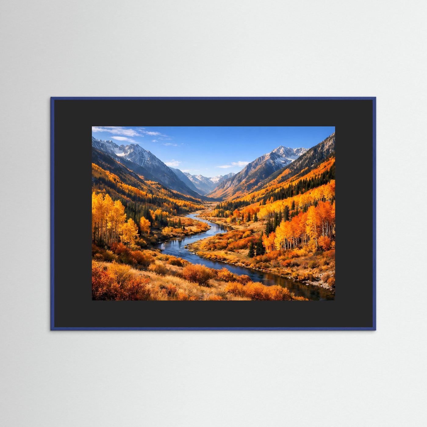 Wandbild mit blauem Rahmen: Herbstliches Bergtal mit Fluss durch orangefarbene Hänge