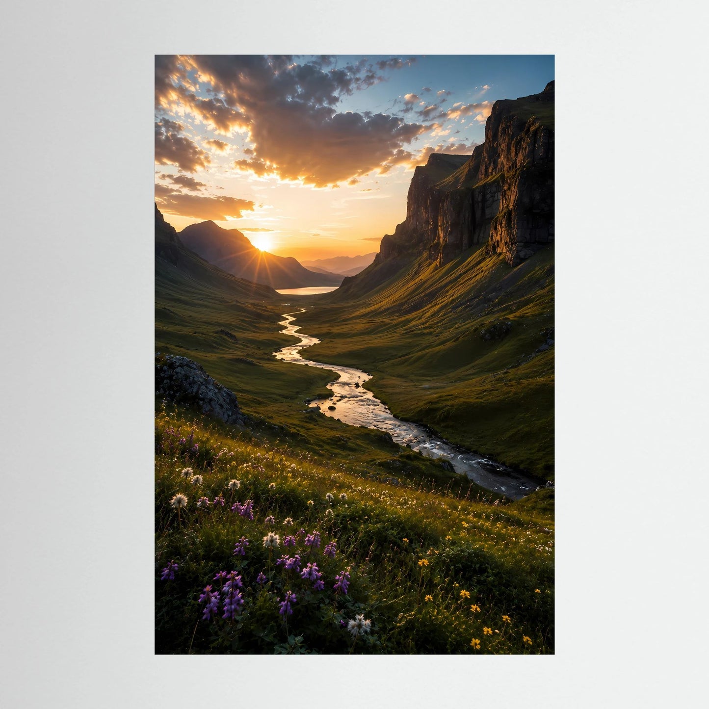 Hochformat-Poster mit Landschaftsmotiv: Fluss zwischen Felsen bei Sonnenuntergang