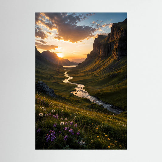 Hochformat-Poster mit Landschaftsmotiv: Fluss zwischen Felsen bei Sonnenuntergang