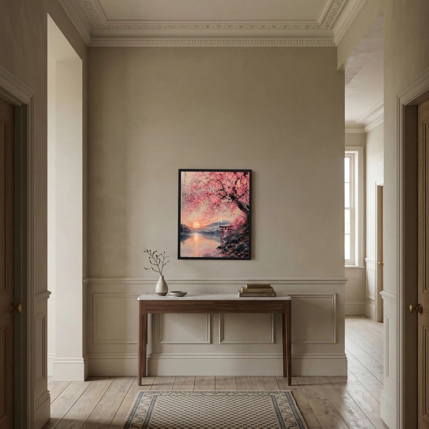 Poster im Hochformat mit Kirschblüten, Fuji-Landschaft und Torii bei tiefem Sonnenrot