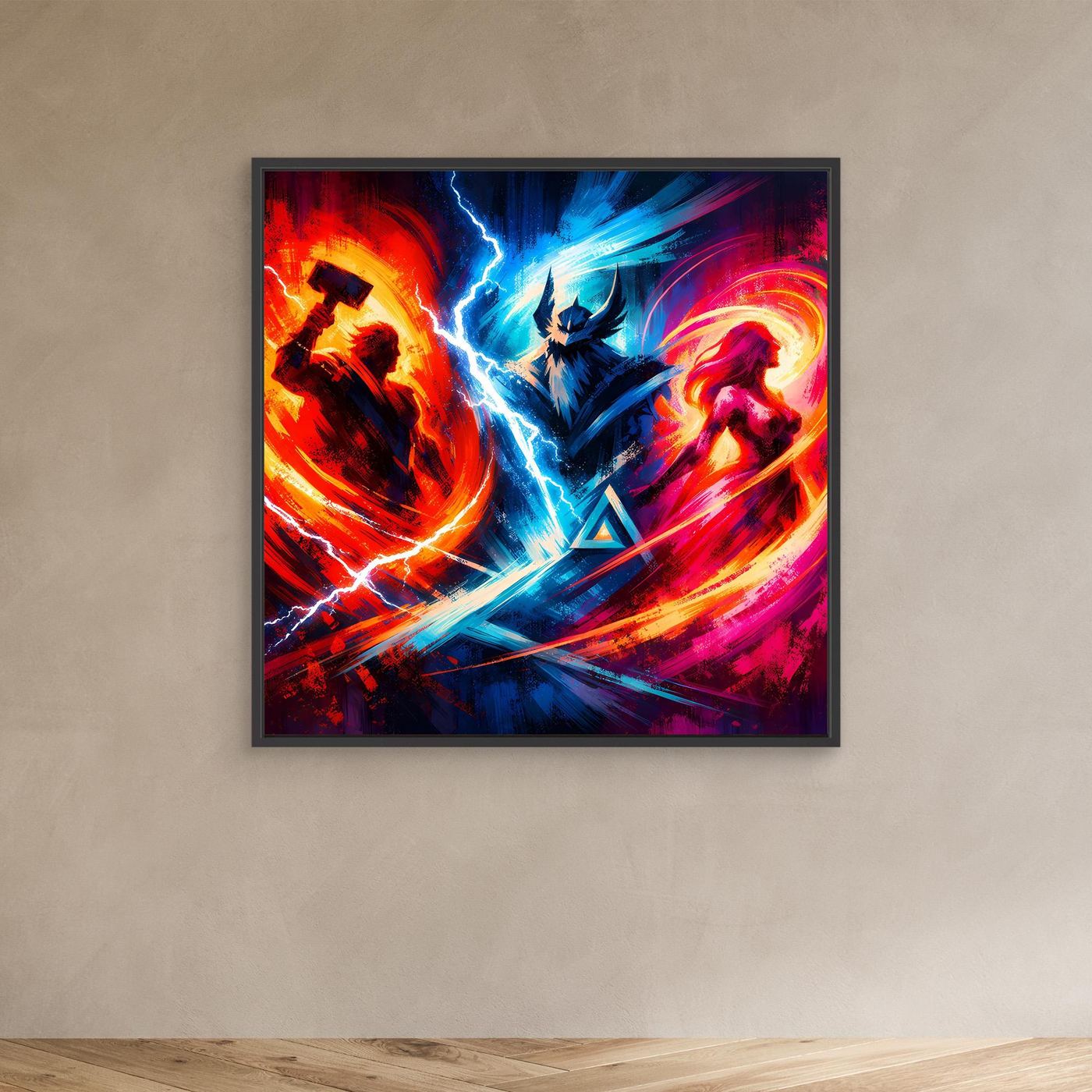 Neon-Fantasy-Leinwand-Wandbild mit Figuren, leuchtenden Wirbeln und Blitzbogen, dunkel gerahmt