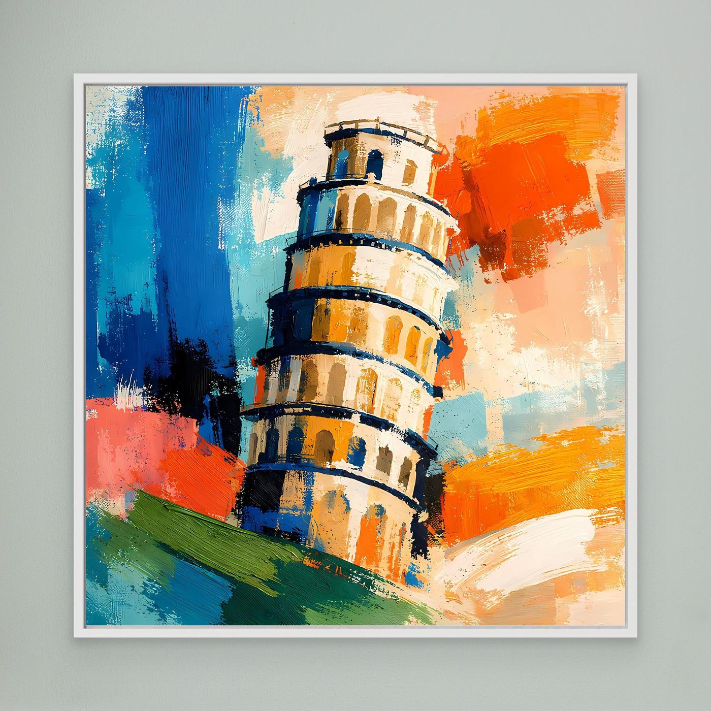 Framed abstract tower painting with blue, orange, green brushstrokes