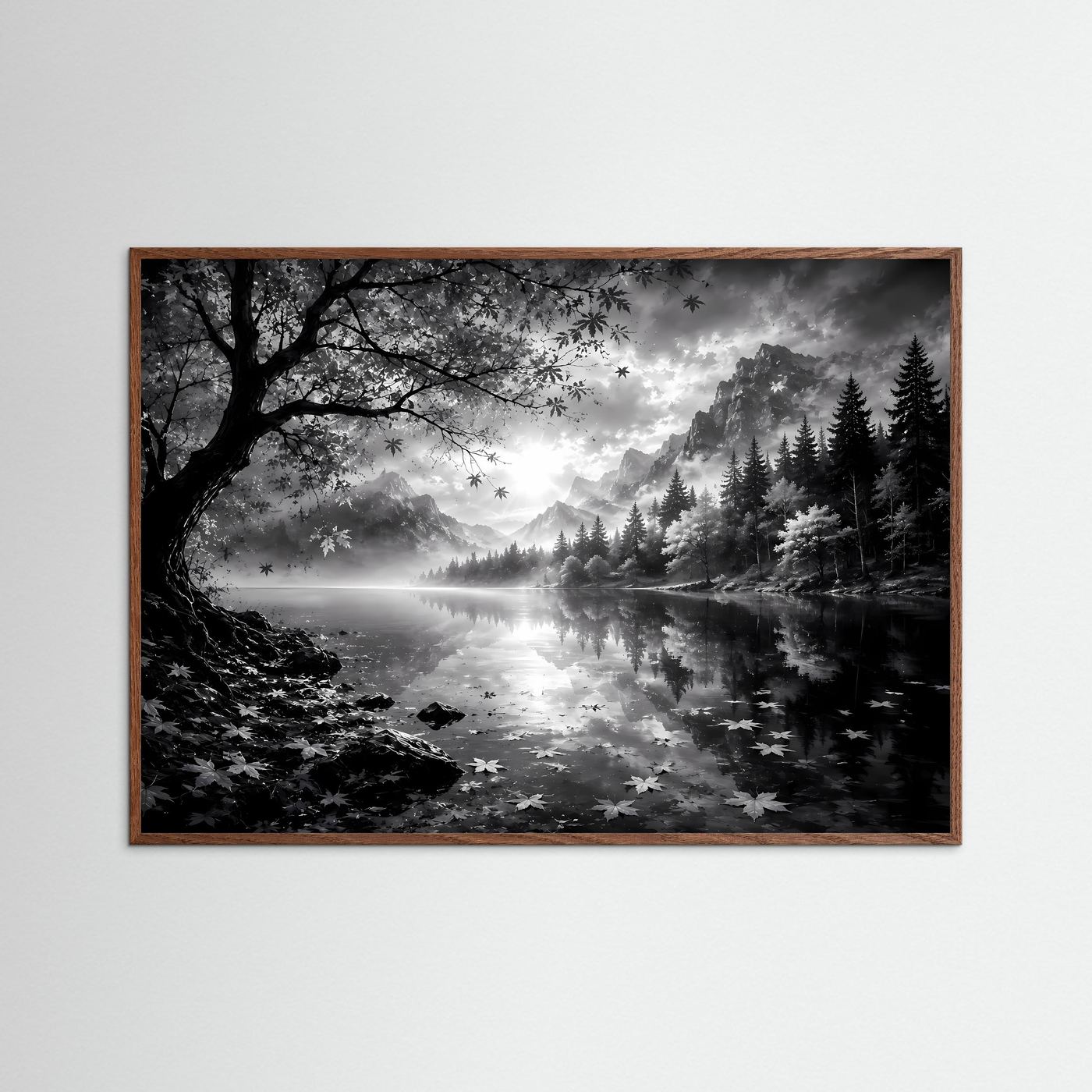 Schwarz Weiß Landschaft Poster | Bergsee Wandbild | Nebel Berge Natur | Monochrome Wandkunst | Moderner Fine Art Print