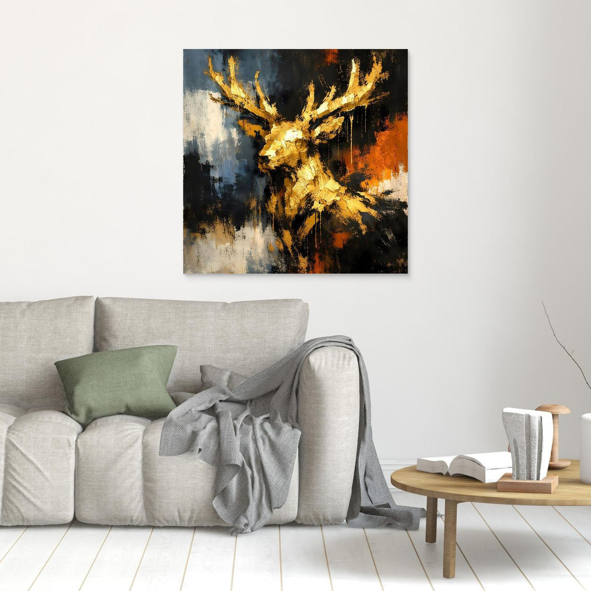 Leinwand-Wandbild mit goldenem Hirschgeweih in abstraktem Schwarz, Blau und Orange