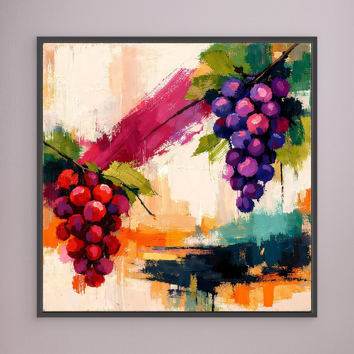 Framed canvas wall art with abstract red and purple grape clusters, black frame