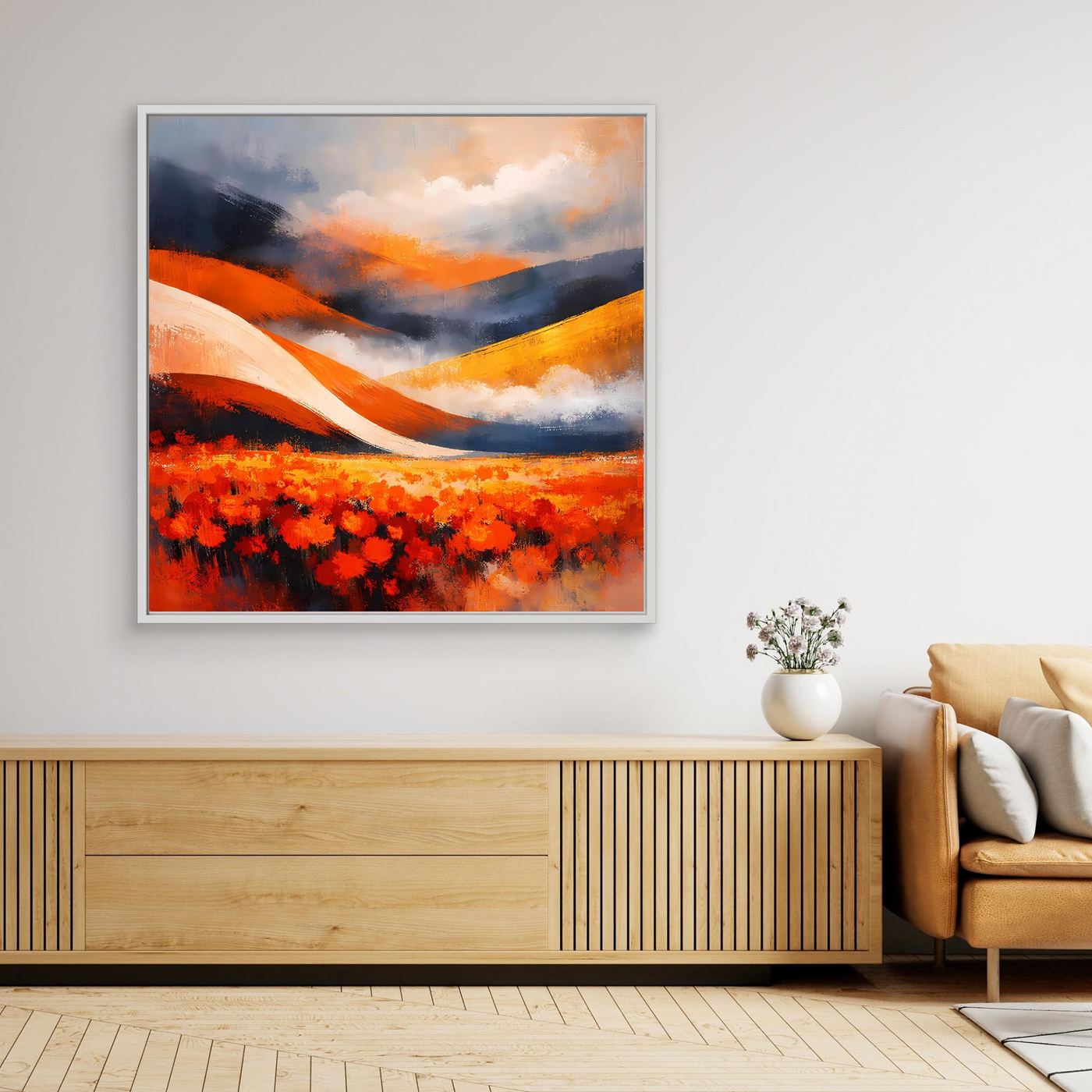 Leinwandbild mit abstrakten Mohnblumen, Hügellandschaft, heller Rahmen