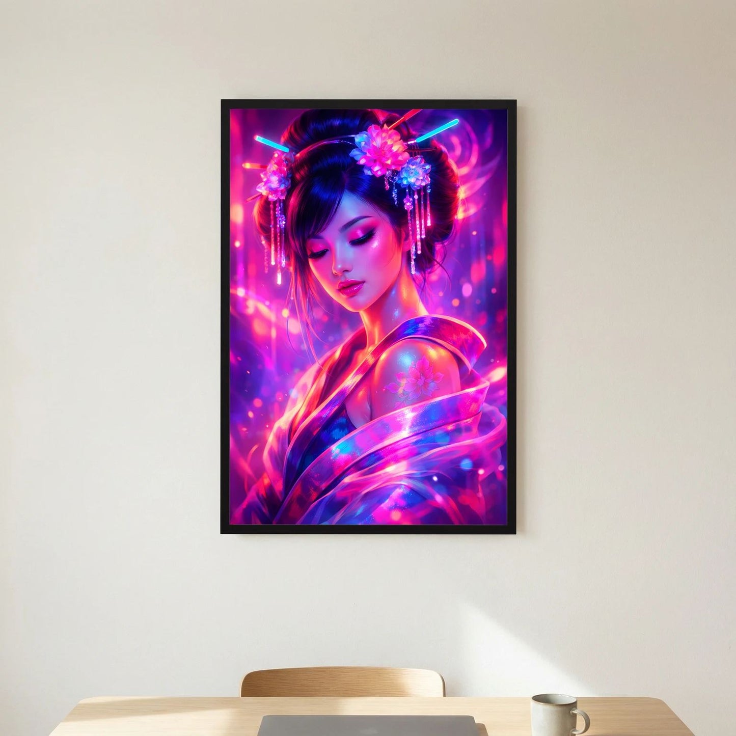 Neon-Poster mit japanischer Frau im Porträt, schwarz gerahmt, rosa und blaue Neonlichter