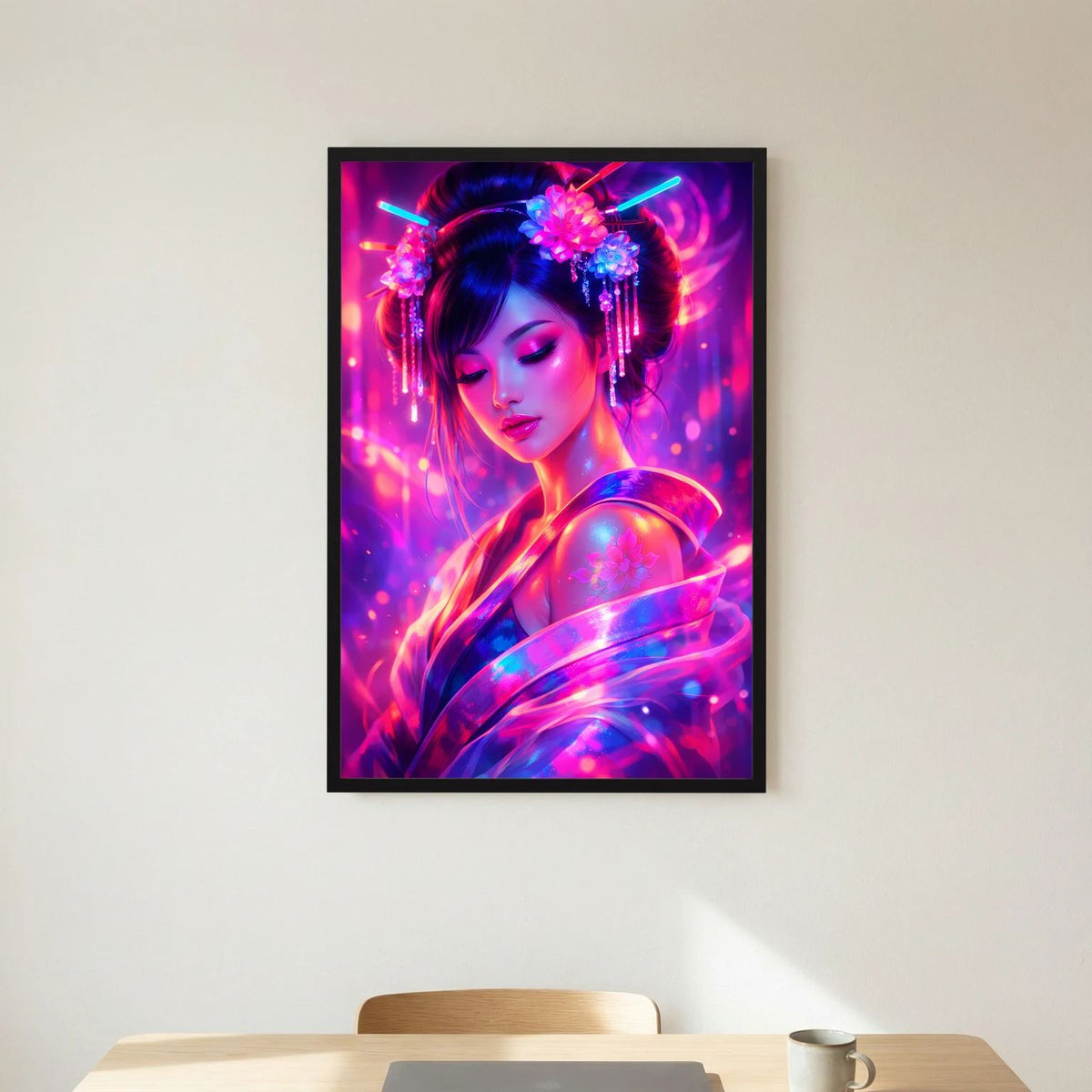 Neon-Poster mit japanischer Frau im Porträt, schwarz gerahmt, rosa und blaue Neonlichter