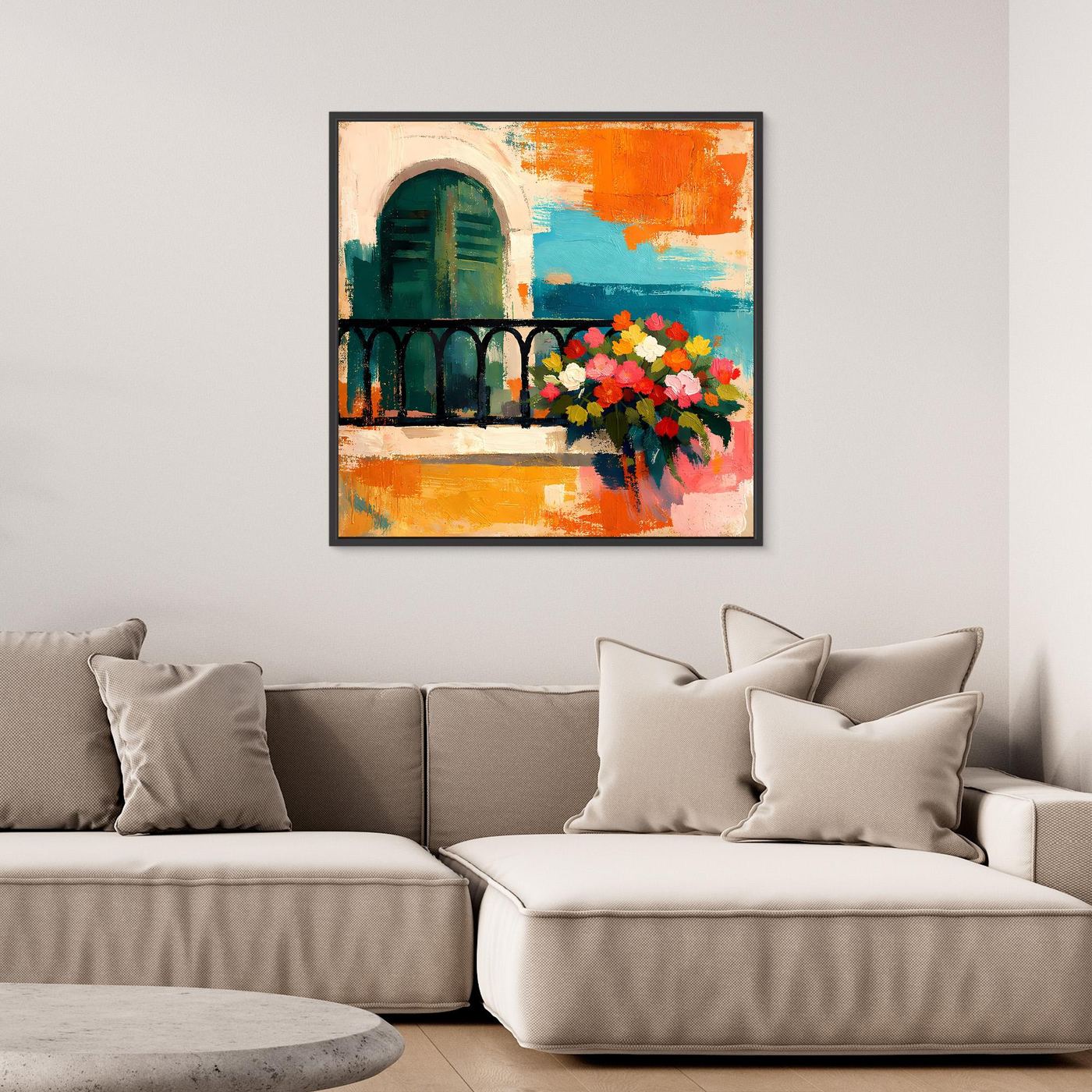 Abstract balcony wall art canvas with arched doorway and colorful flowers, in dark frame.