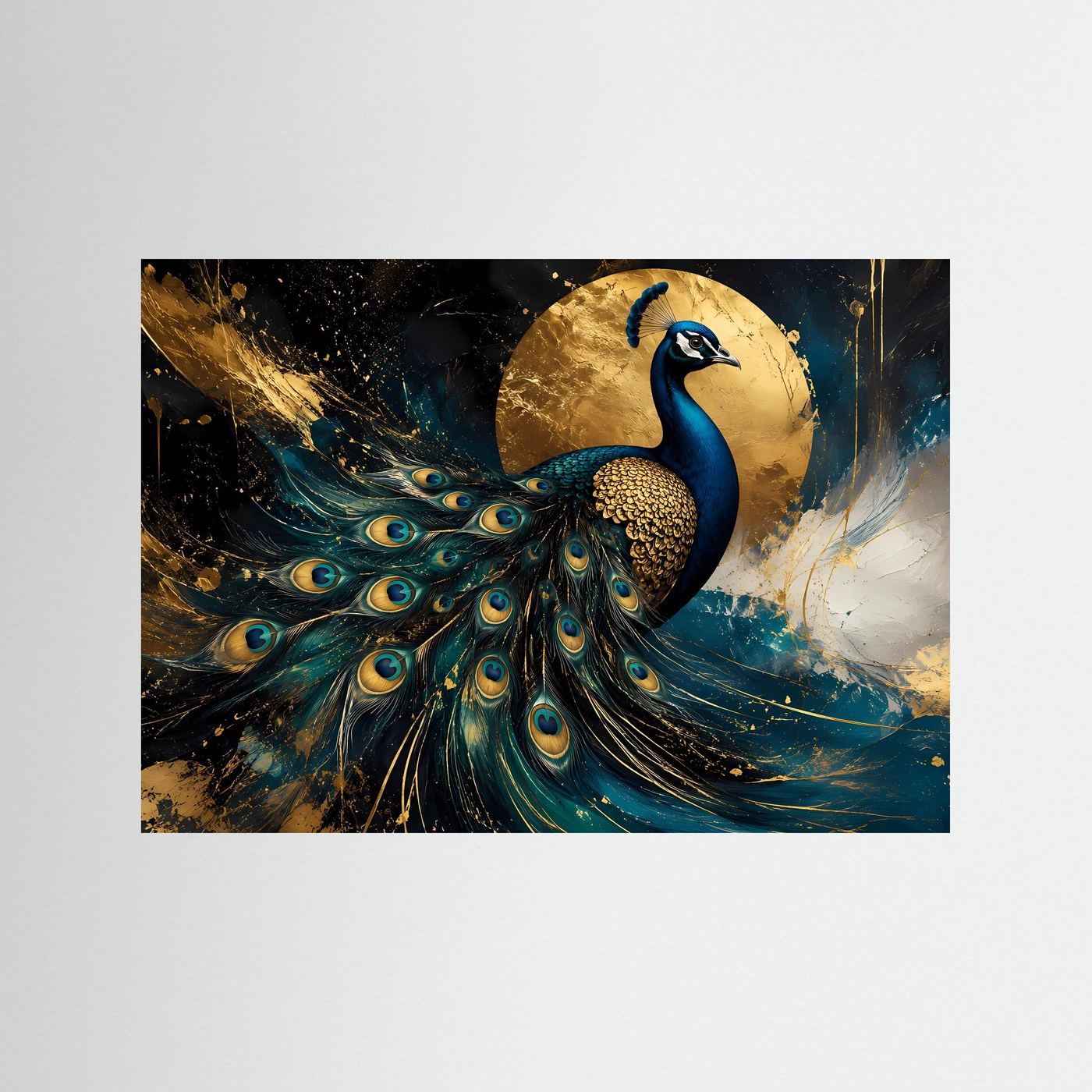 Pfauenmotiv Poster ohne Rahmen, blau-goldener Pfau mit aufgefächerter Feder