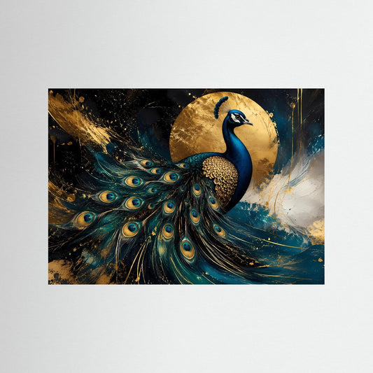 Pfauenmotiv Poster ohne Rahmen, blau-goldener Pfau mit aufgefächerter Feder