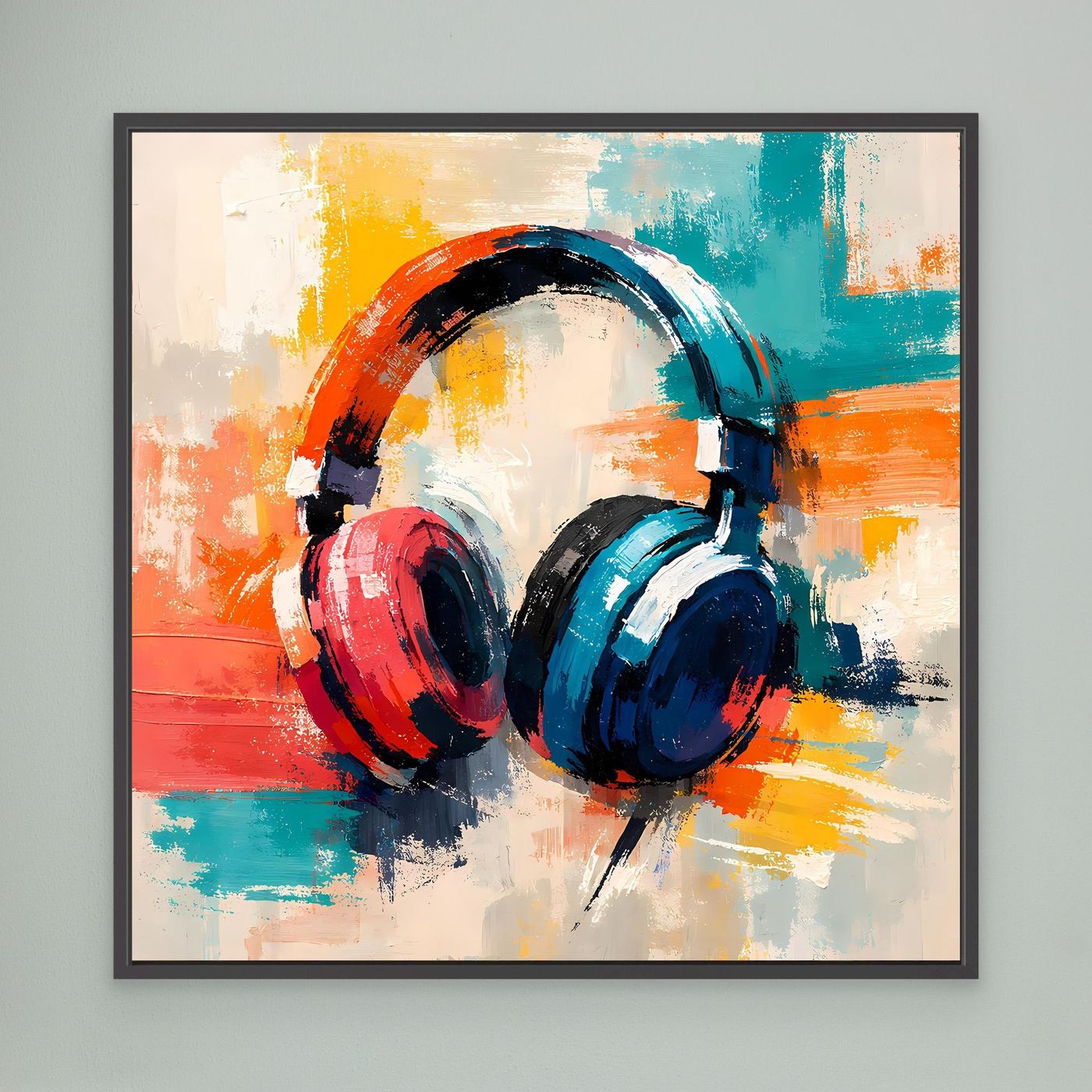 Black-framed canvas wall art with colorful abstract over-ear headphones