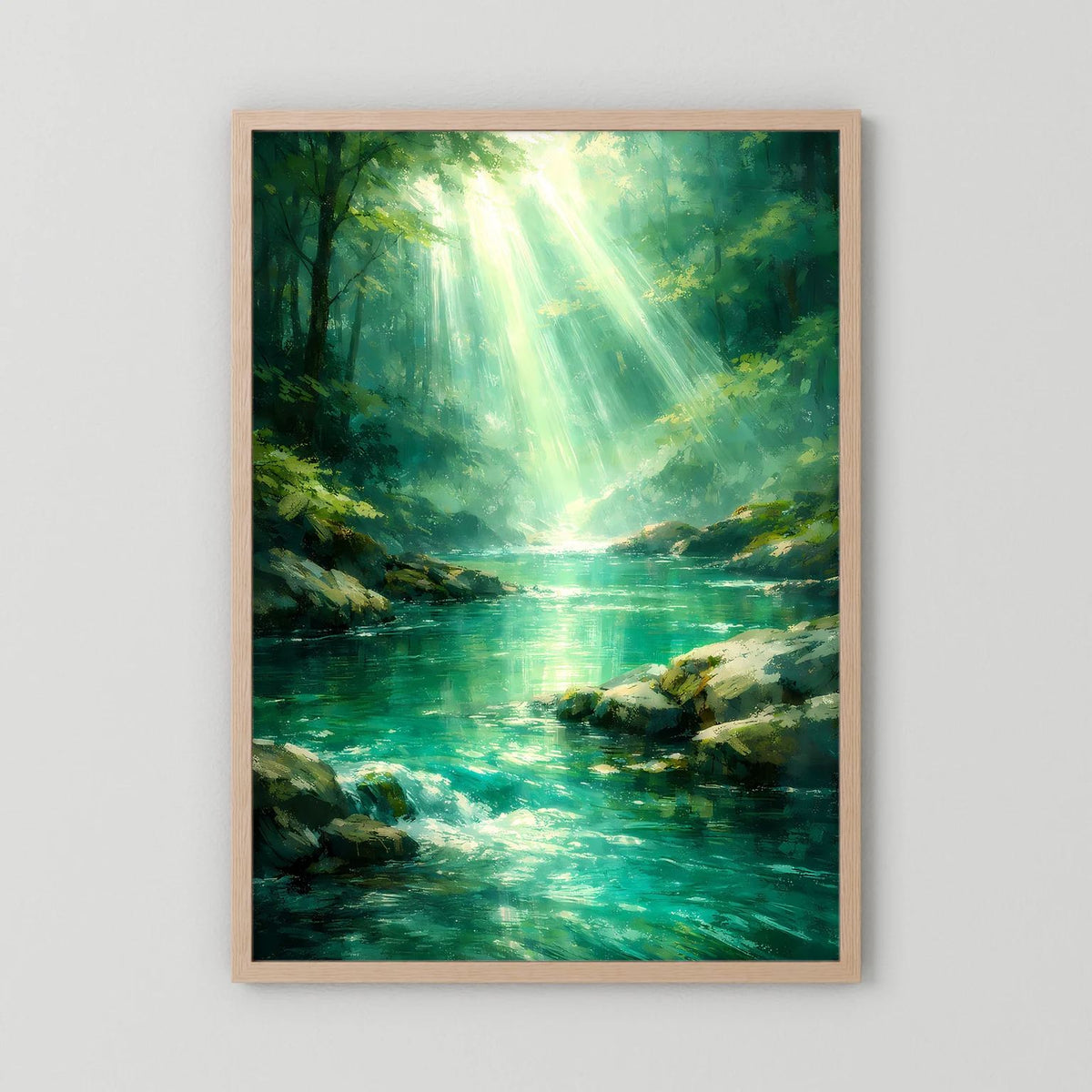 Wandbild Hochformat: grüner Fluss im Wald mit leuchtenden Strahlen, dunkler Eichenrahmen