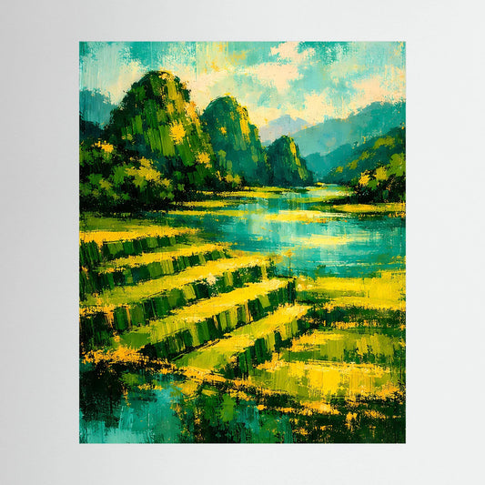 Hochformat-Poster mit abstrakter Berglandschaft, Grün- und Gelbtönen, Fluss und Feldern
