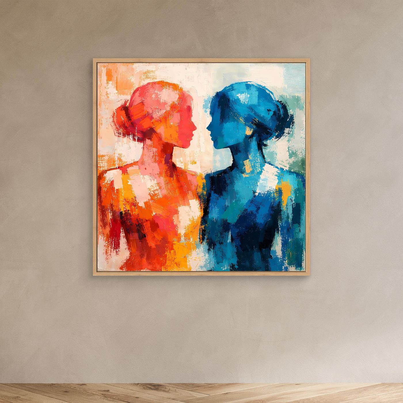 Wandbild mit abstraktem Porträtpaar: rote und blaue Silhouetten im Profil, im Eichenrahmen