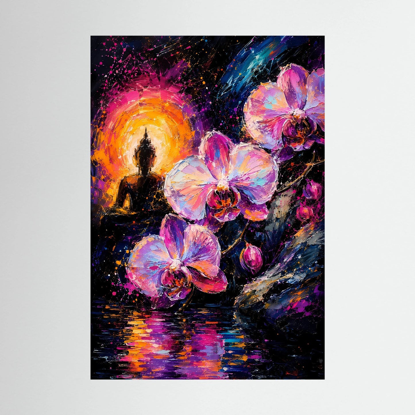 Neon-Poster (Hochformat) mit Buddha-Silhouette, Orchideen in Pink/Violett und goldener Lichtaura