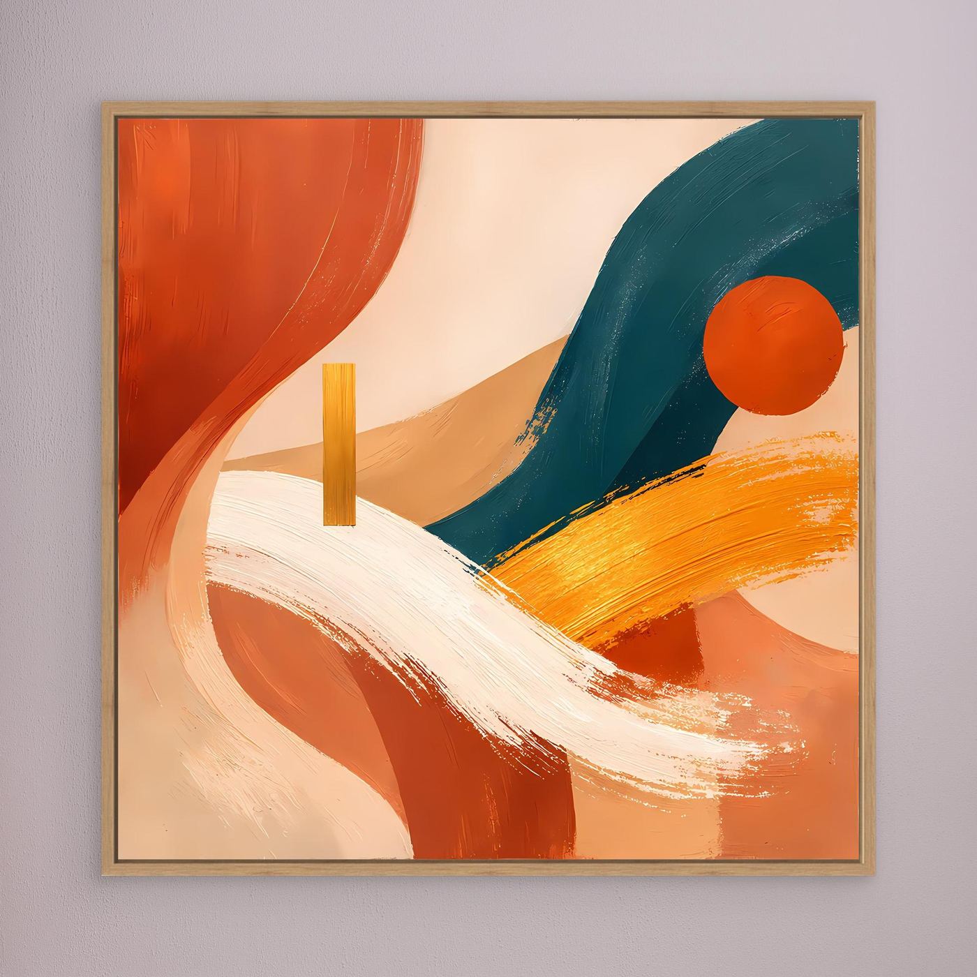 Wandbild aus Leinwand mit abstrakter Boho-Landschaft in Terracotta, Petrol und Orange, beige gerahmt