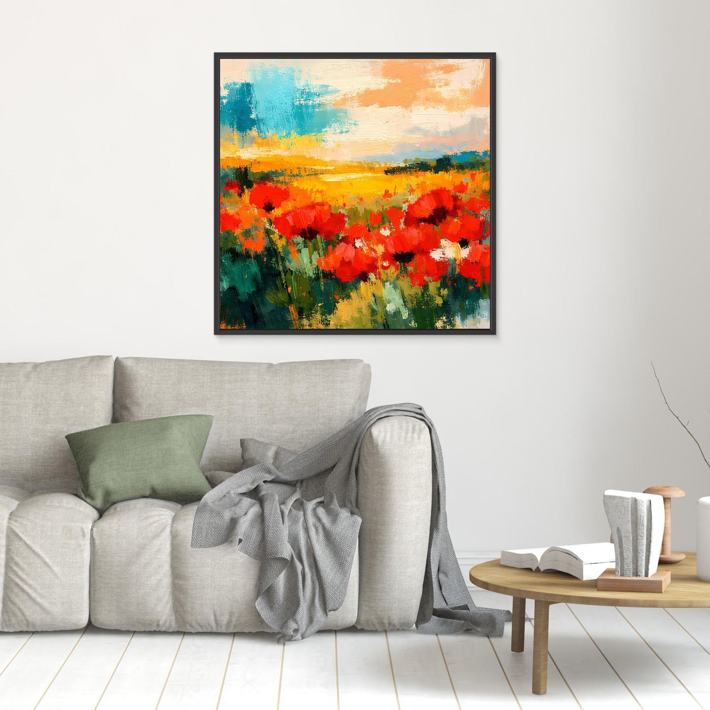 Abstract poppy field wall art, red blossoms and orange horizon, black frame