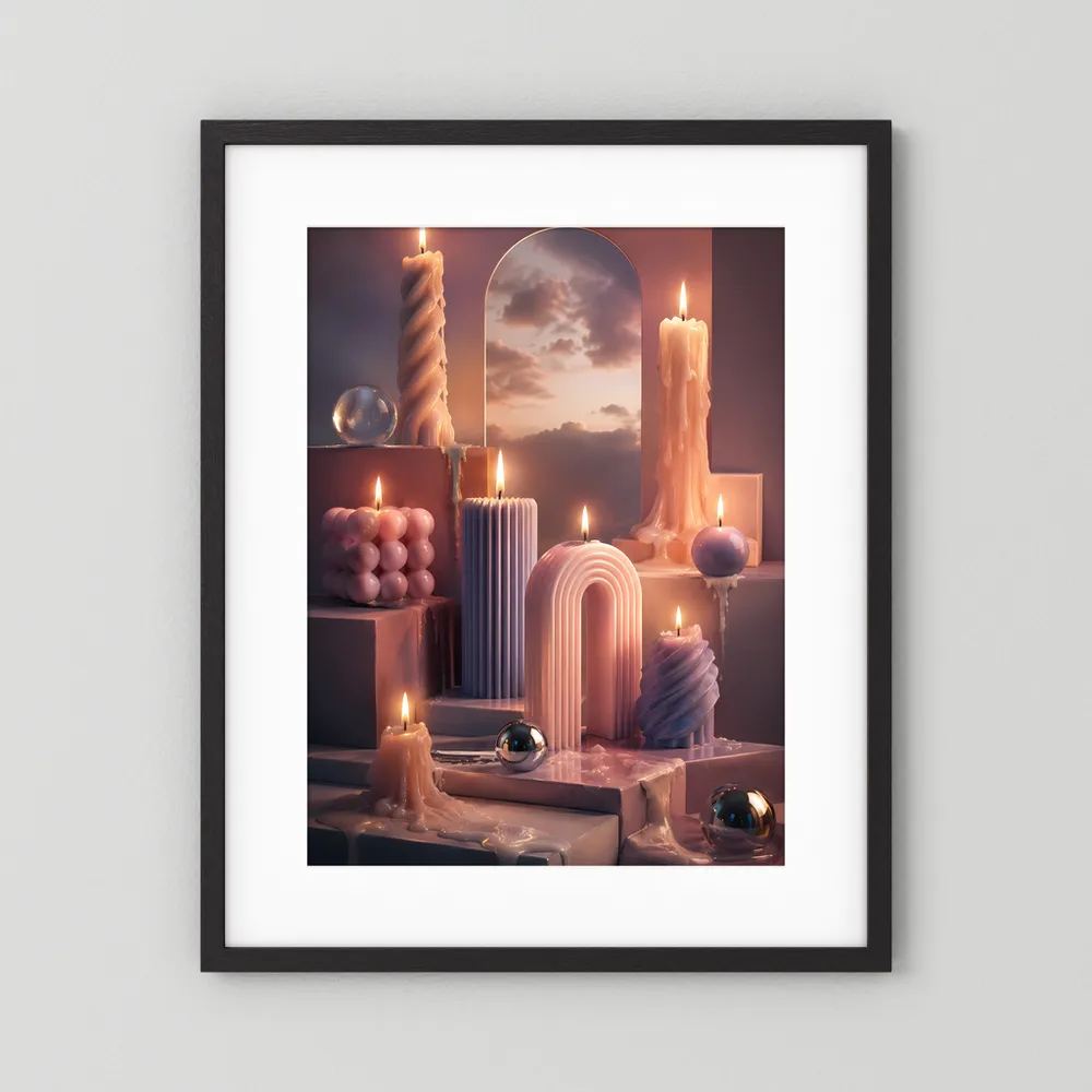 Hochformat-Poster mit Kerzenszene in Pastellrosa im schwarzen Rahmen mit weißem Rand