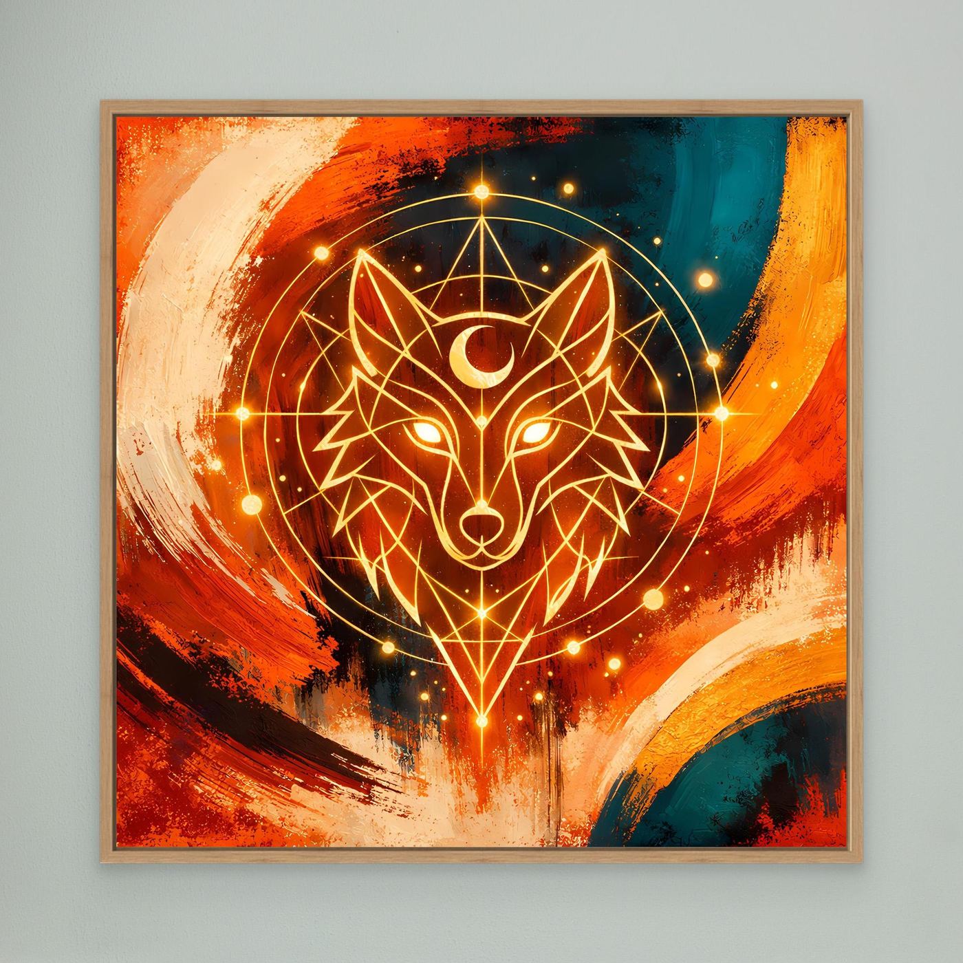Leinwand-Wandbild: geometrischer Wolf mit Sternen, Holzrahmen hellbraun