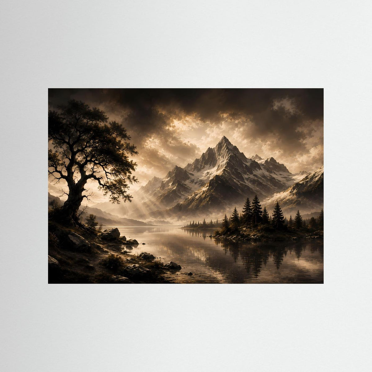 Querformat-Poster mit Berglandschaft am See, goldener Dämmerung, dunklen Felsen und Baum links