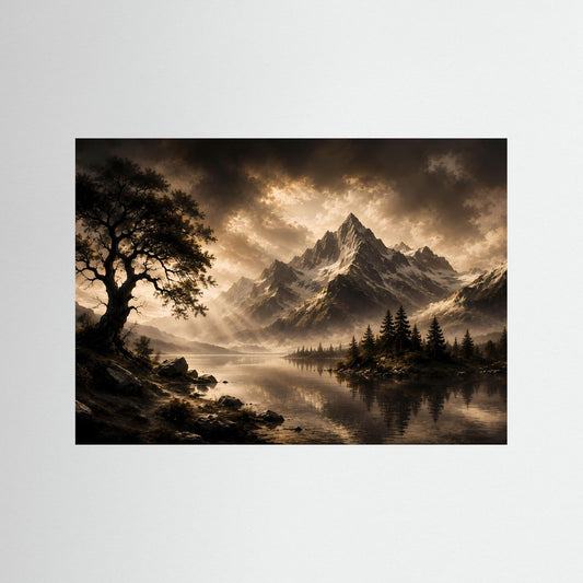 Querformat-Poster mit Berglandschaft am See, goldener Dämmerung, dunklen Felsen und Baum links