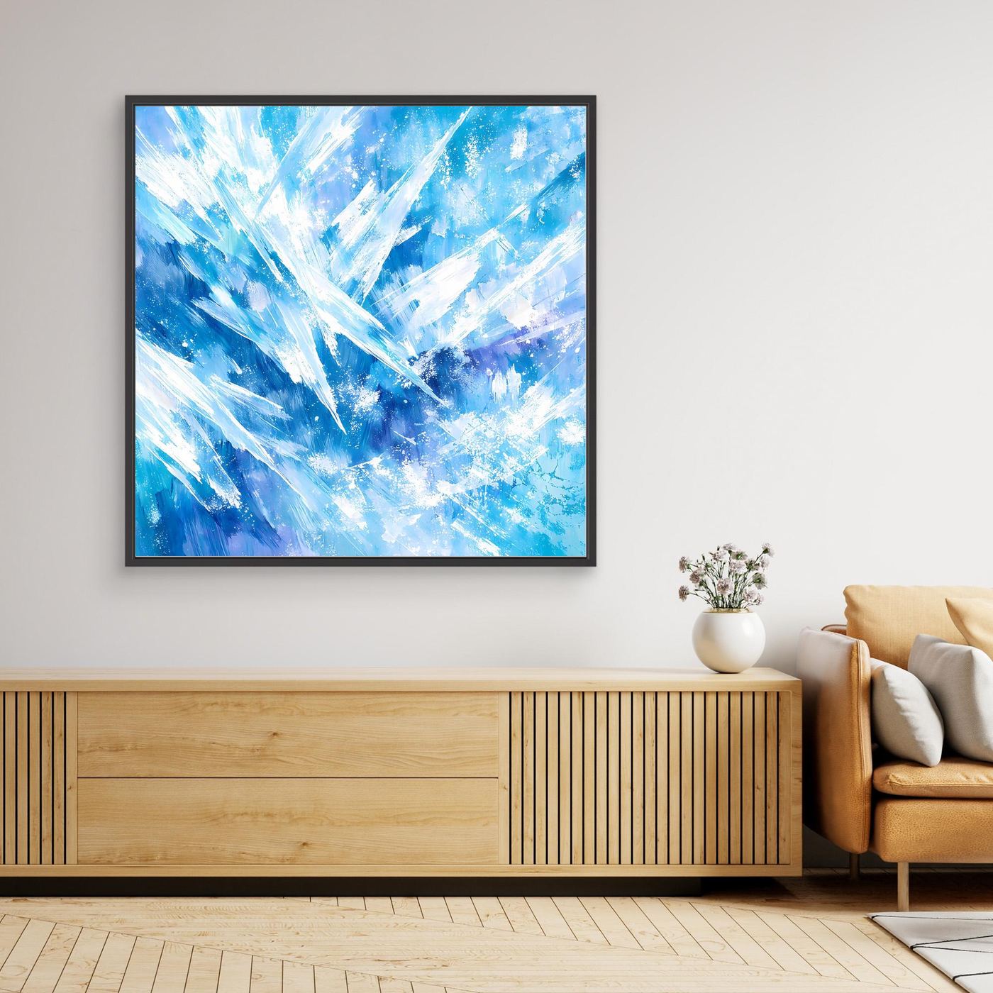 Abstraktes Leinwand-Wandbild mit blauen Eiskristalllinien und schwarzem Rahmen