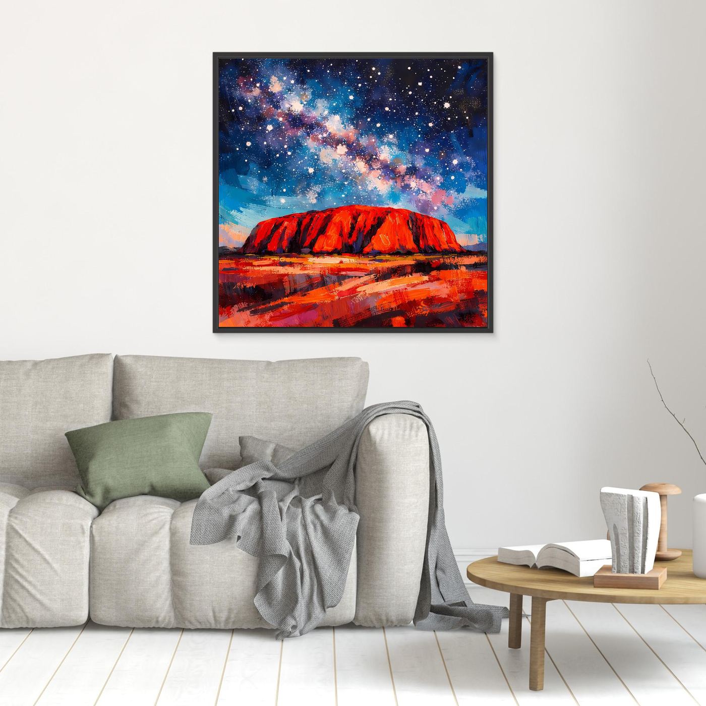 Kleines Wandbild mit Sternenhimmel und rotem Uluru, abstrakt, dunkel gerahmt