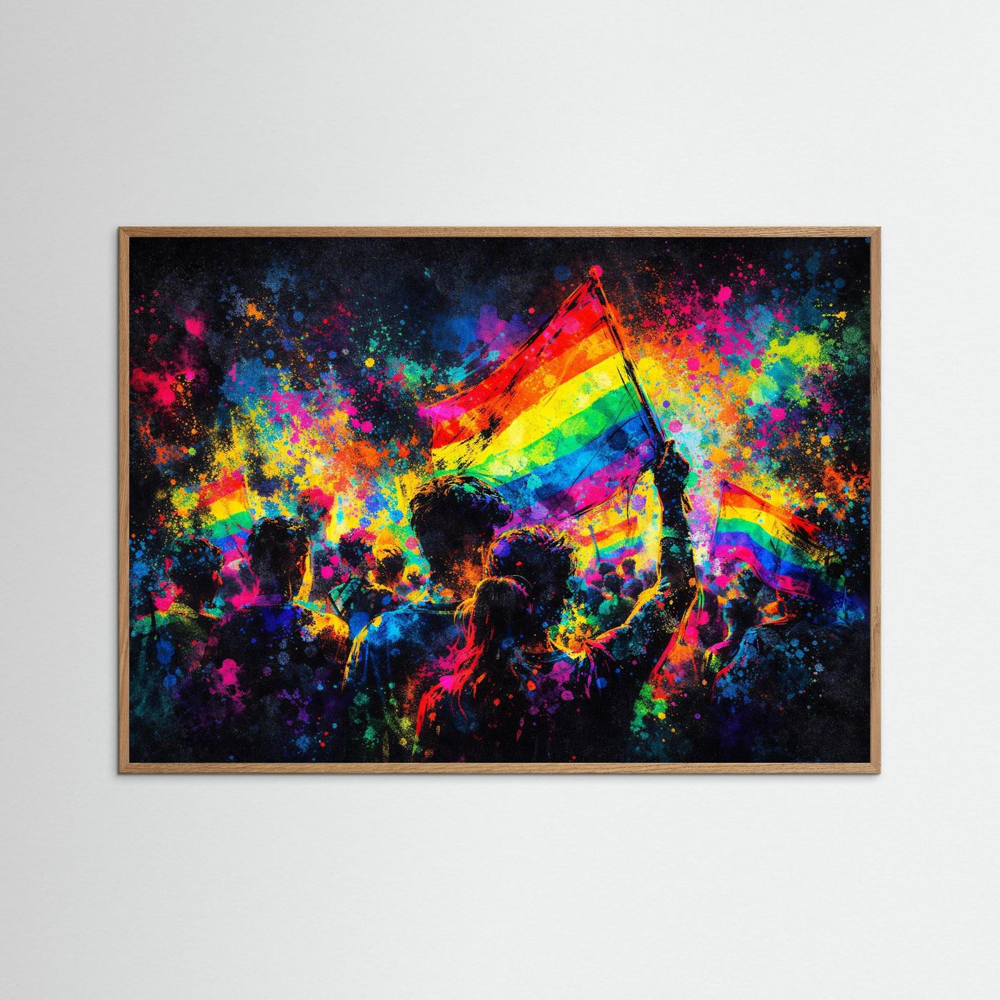 Poster mit Regenbogenflagge und Menschenmenge in bunten Spritzfarben, dunkler Rahmen