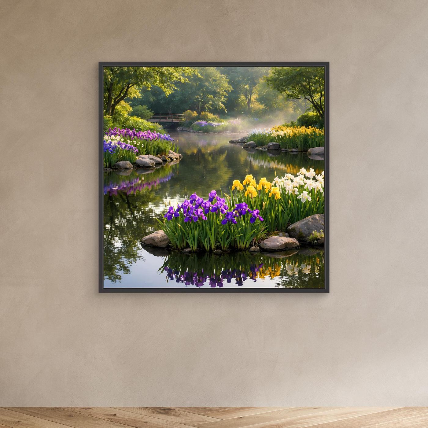 Leinwandbild im schwarzen Rahmen mit Irisgarten am Teich, lila, gelbe und weiße Blüten, Steine.