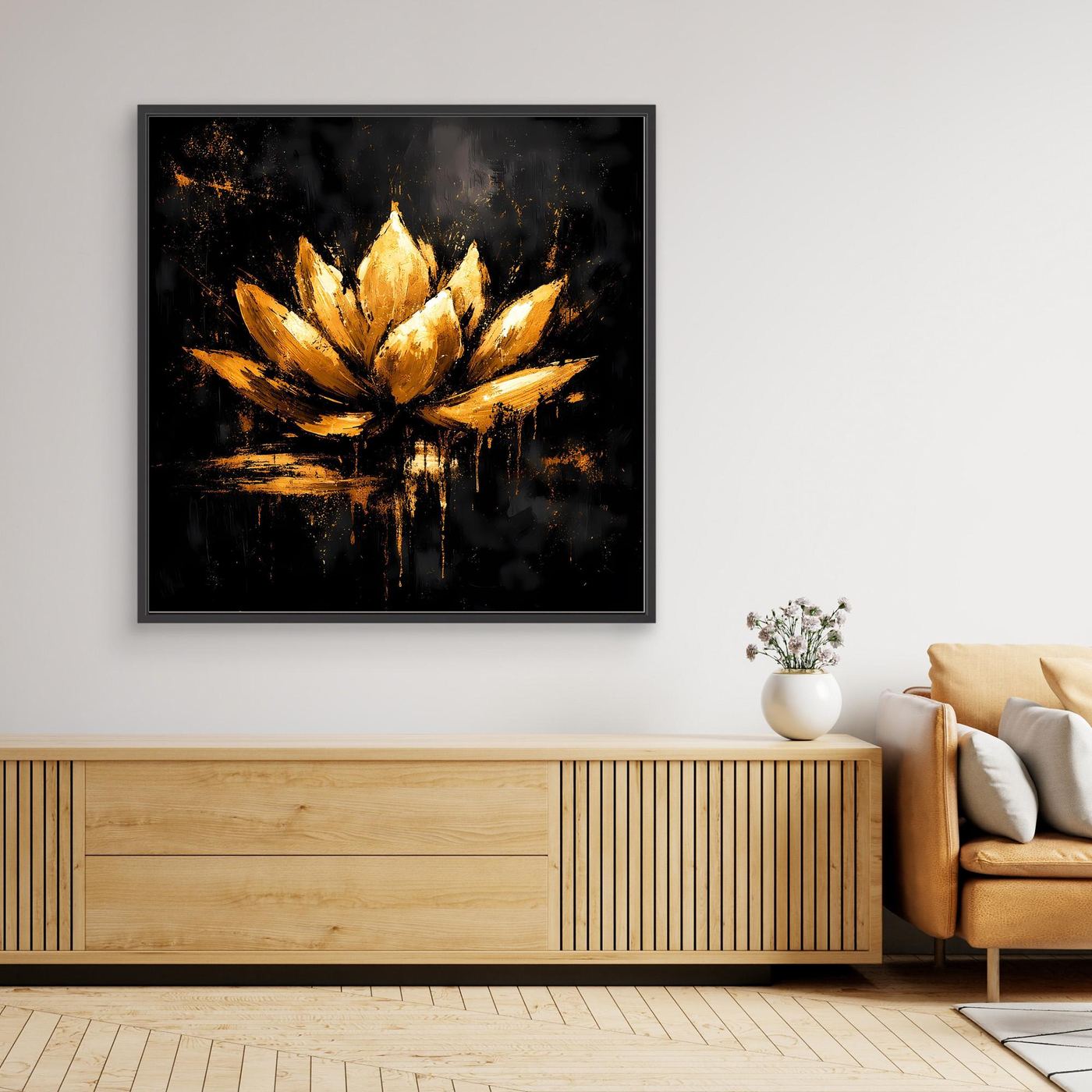 Leinwand Goldene Lotusblüte auf Schwarz | Abstraktes Meditations Wandbild