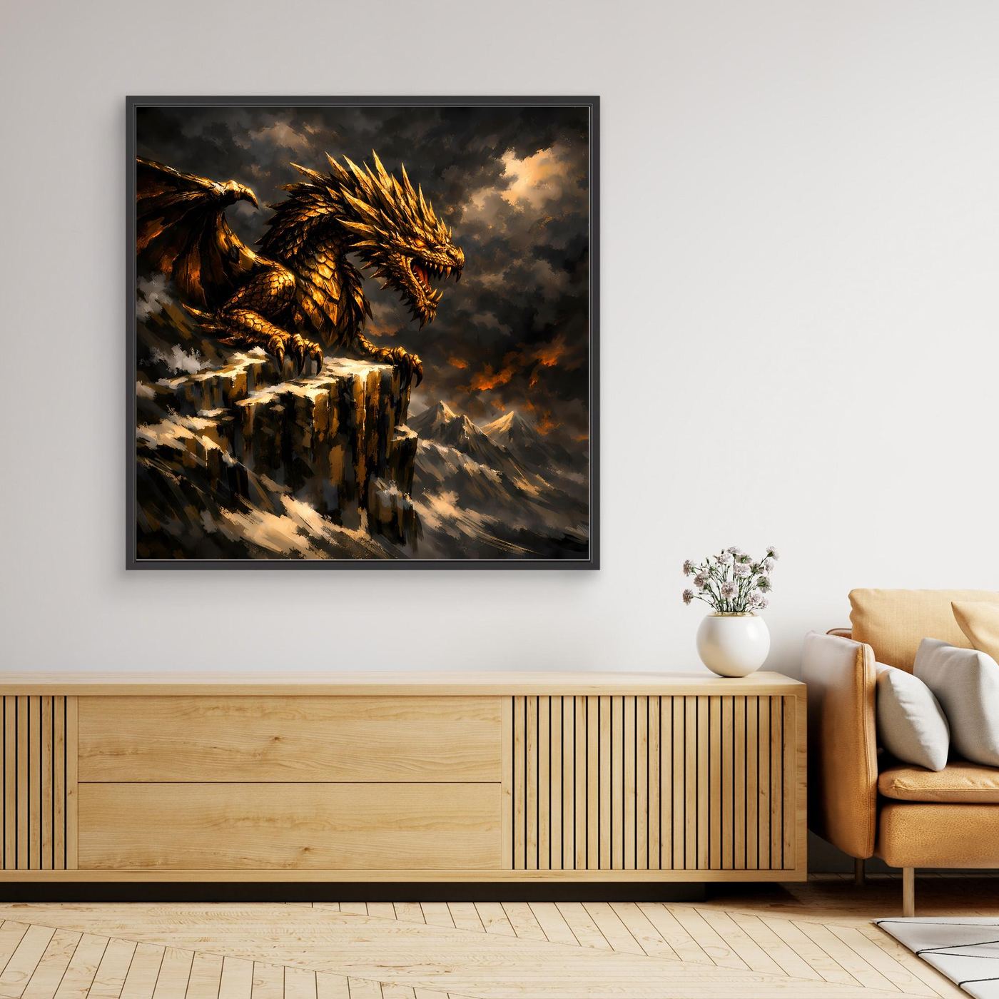 Leinwand Goldener Drache auf Felsgipfel | Episches Fantasy-Wandbild auf Keilrahmen