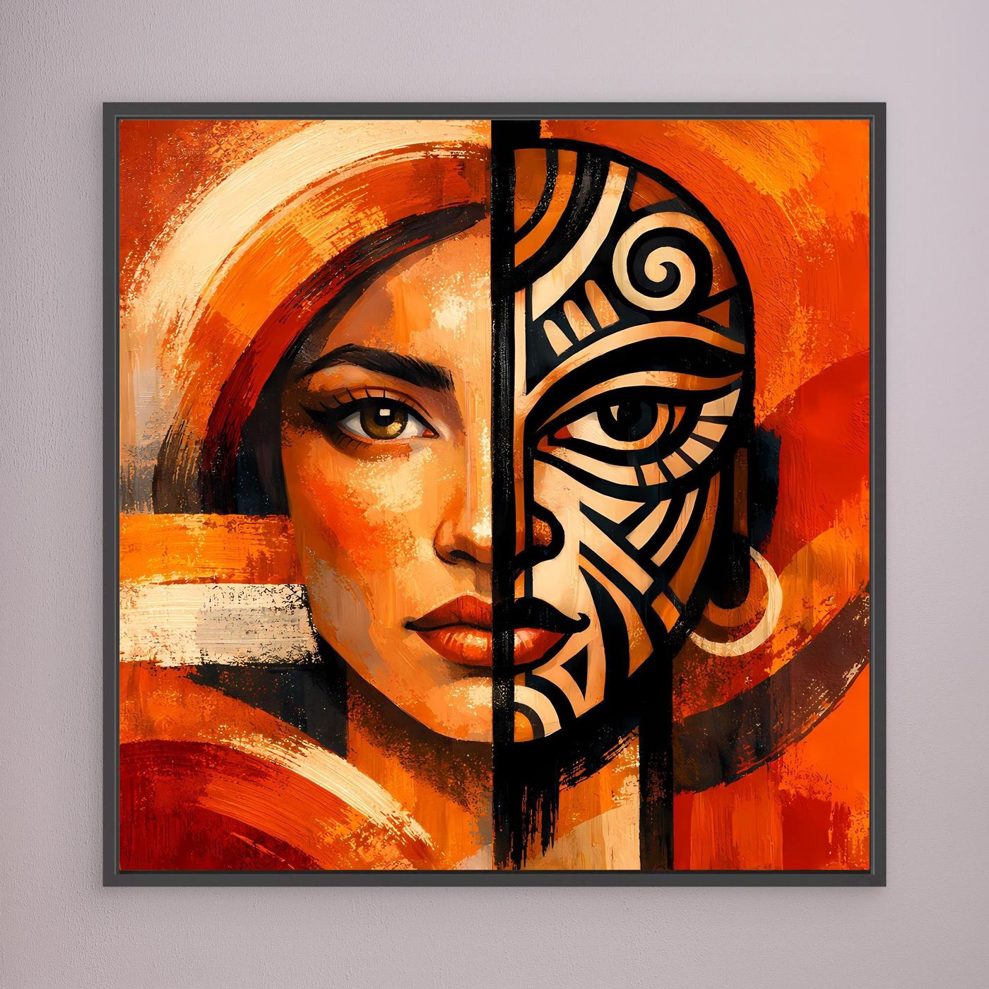 Leinwandbild mit Frauenporträt und schwarzer Maske, orangefarbige Farbflächen, dunkel gerahmt.