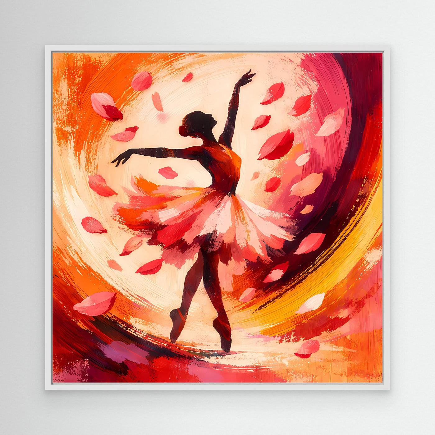 Leinwandbild mit Ballerina im Blütenregen, orange-roter Farbverlauf, weißer Rahmen