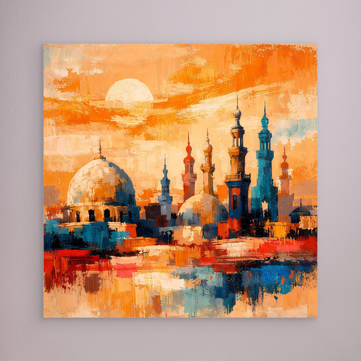 Leinwandbild mit abstrakter Skyline und Minaretten im Sonnenuntergang, mit schmalem Rand