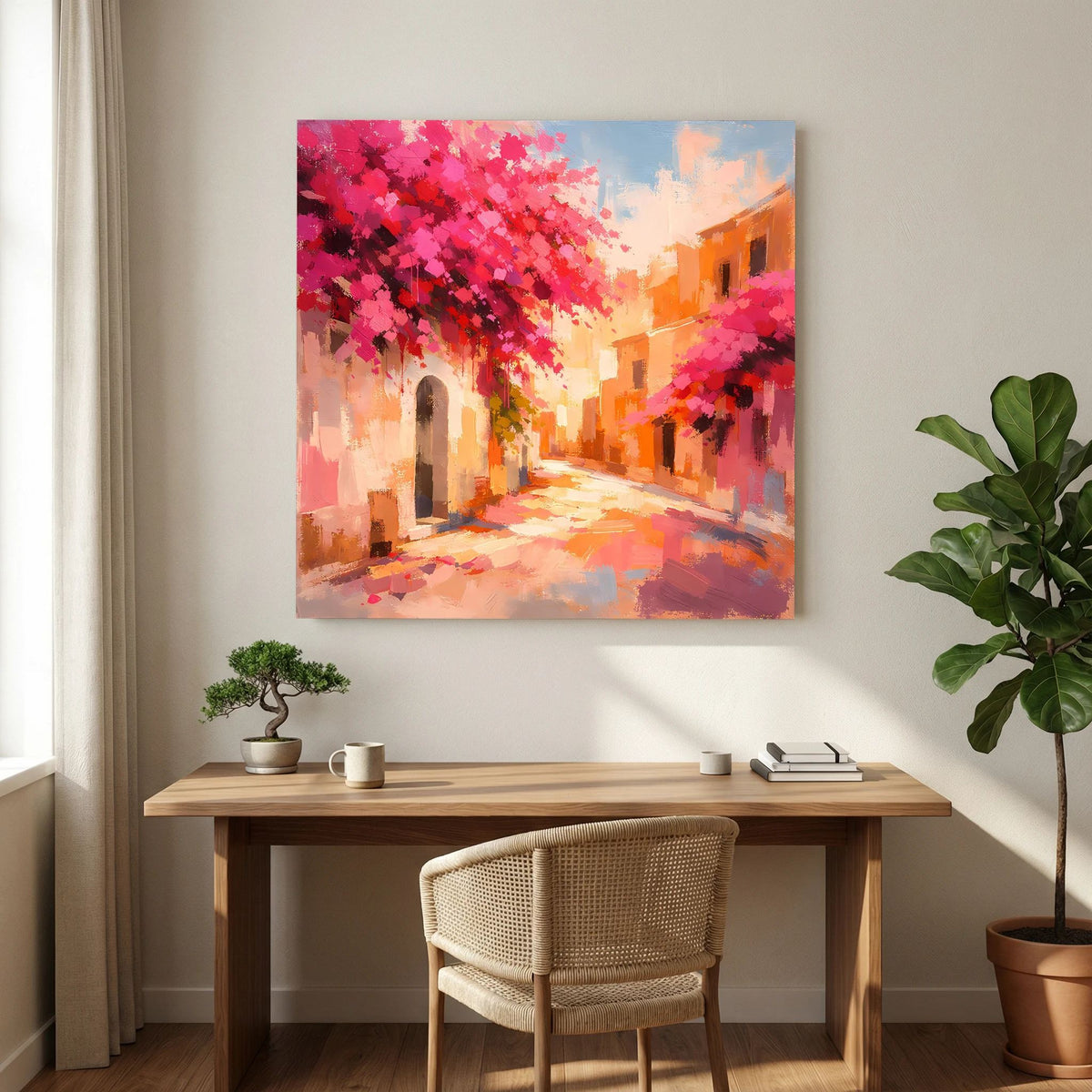 Abstraktes Leinwandbild einer mediterranen Gasse mit rosa Blüten und hellen Lichtflächen