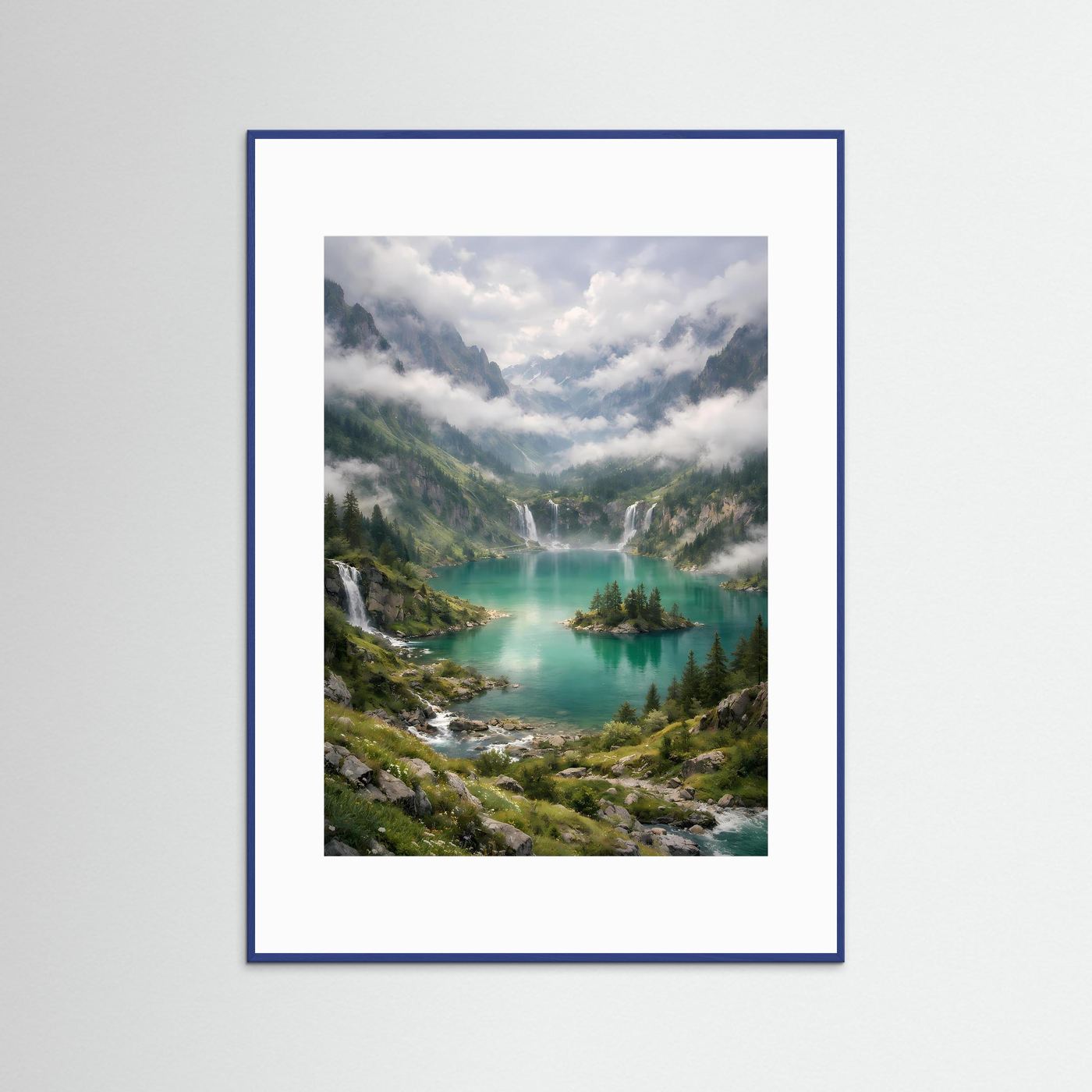 Hochformat-Poster mit Alpenlandschaft und türkisfarbenem Bergsee, blauer Rahmen