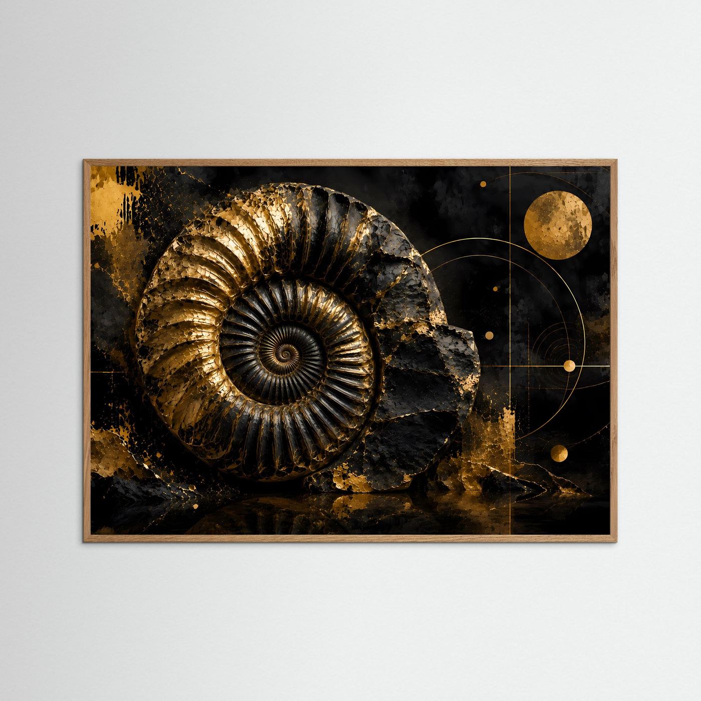 Querformat-Poster mit goldenem Ammonit auf dunklem Hintergrund, Kreislinien und goldenen Punkten, Holzrahmen
