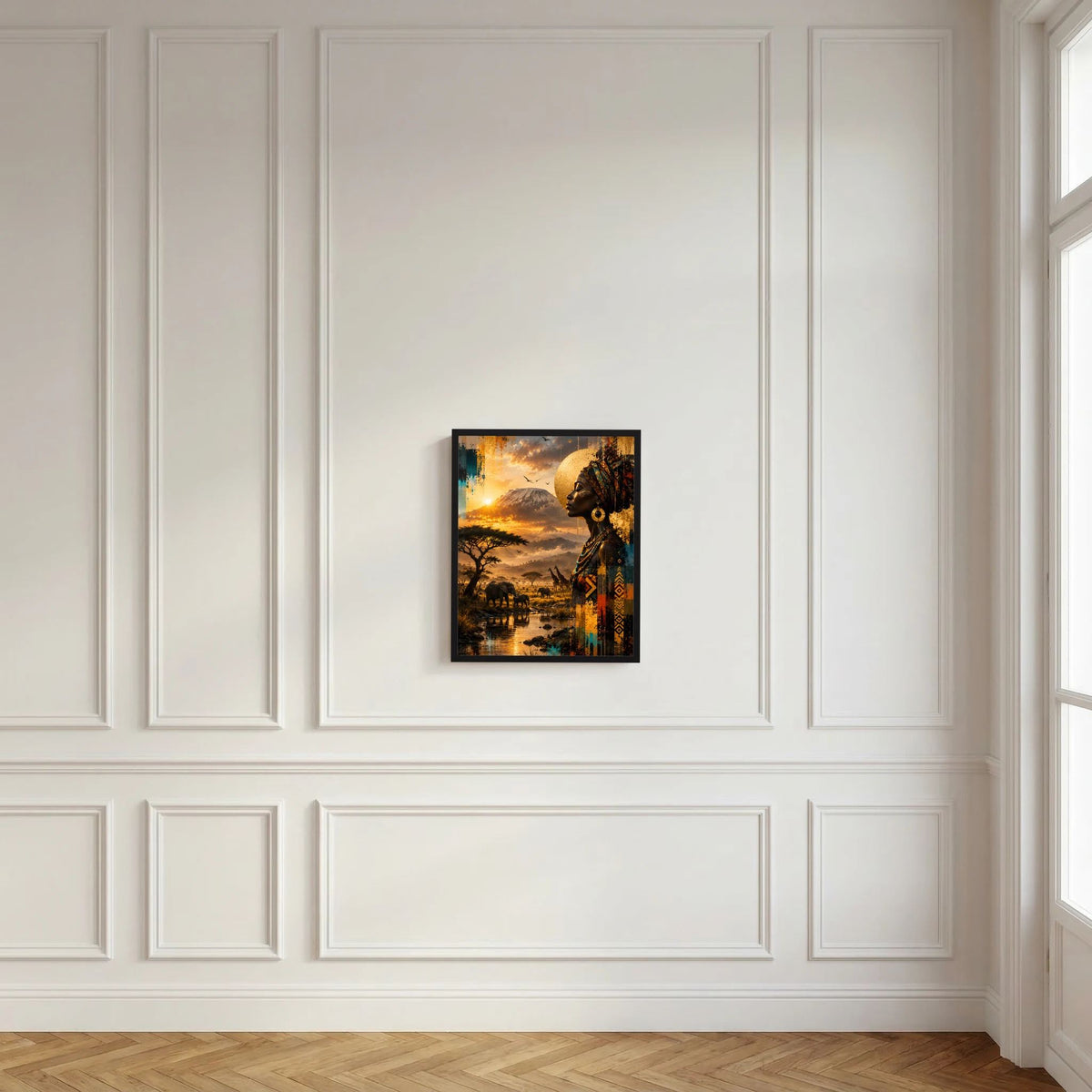 Kunstposter mit schwarzem Rahmen: Afrikanerin im Profil über Savanne und Sonnenuntergang