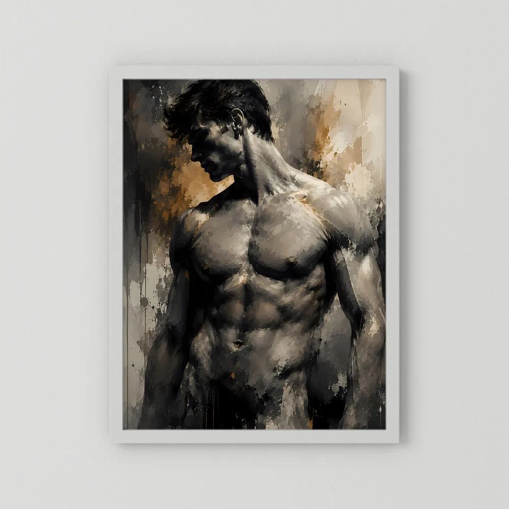 Kunstposter: abstrakter Männerakt in Schwarz und Gold, ohne Rahmen, mit weißem Rand
