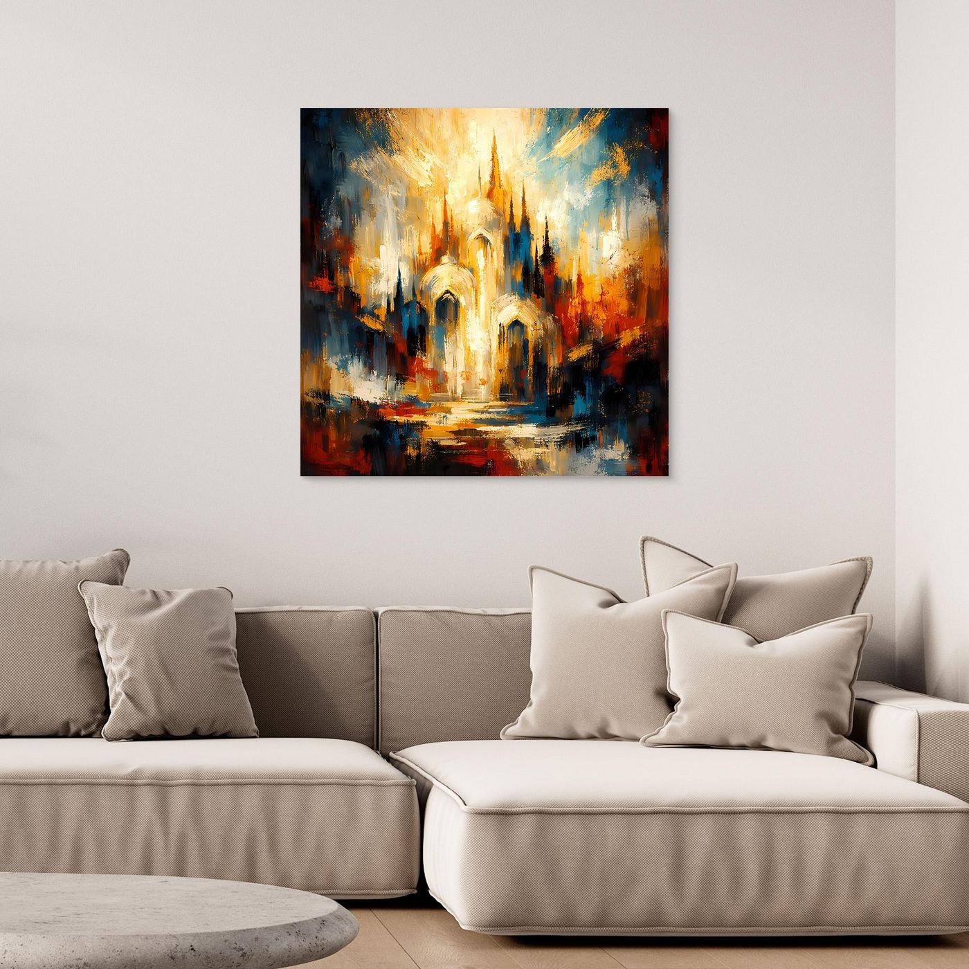 Leinwandbild abstrakte Kathedrale mit goldenem Licht, schwarze Rahmung