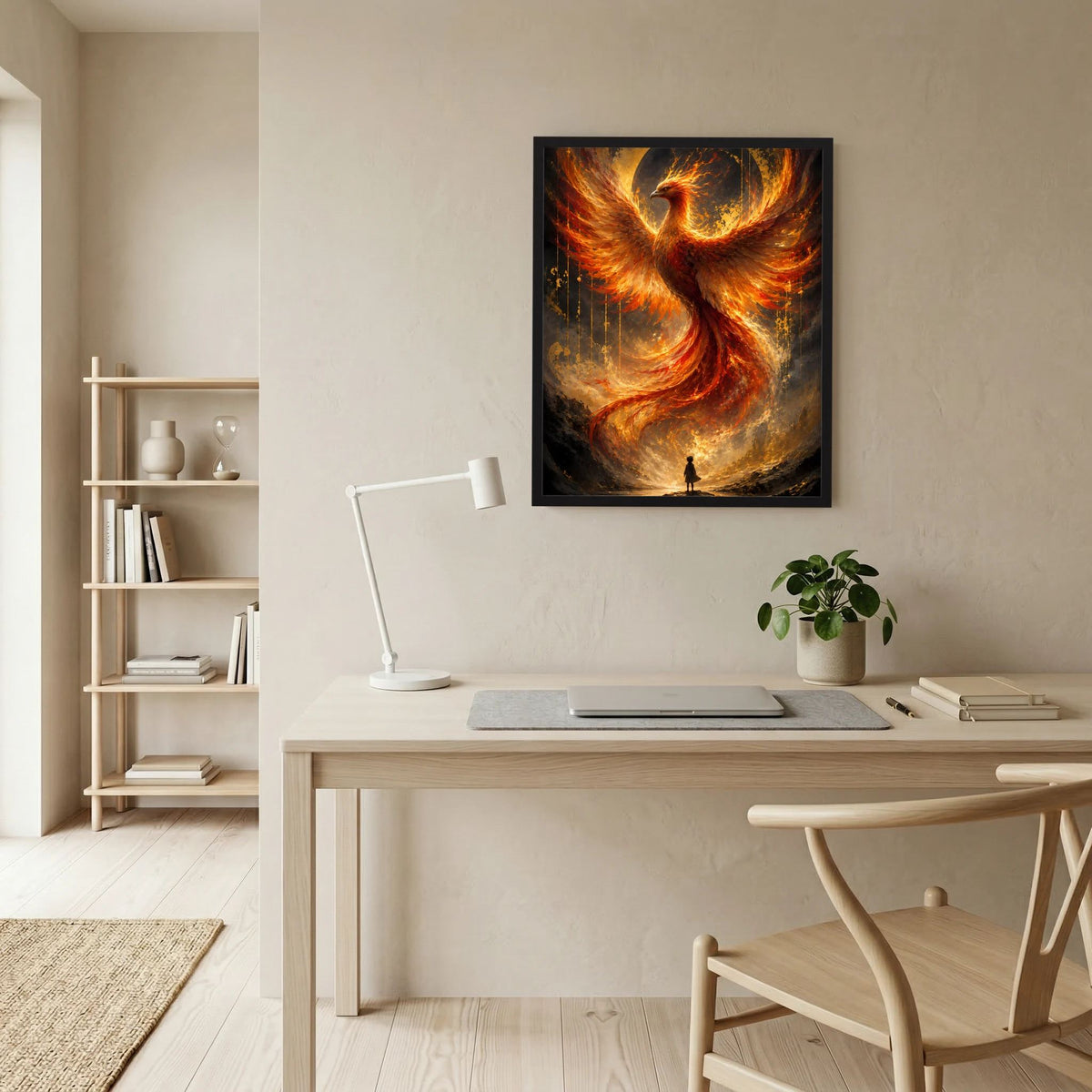 Wandposter im Hochformat mit Phönix aus Feuer in Gold und Orange, Flammenbogen