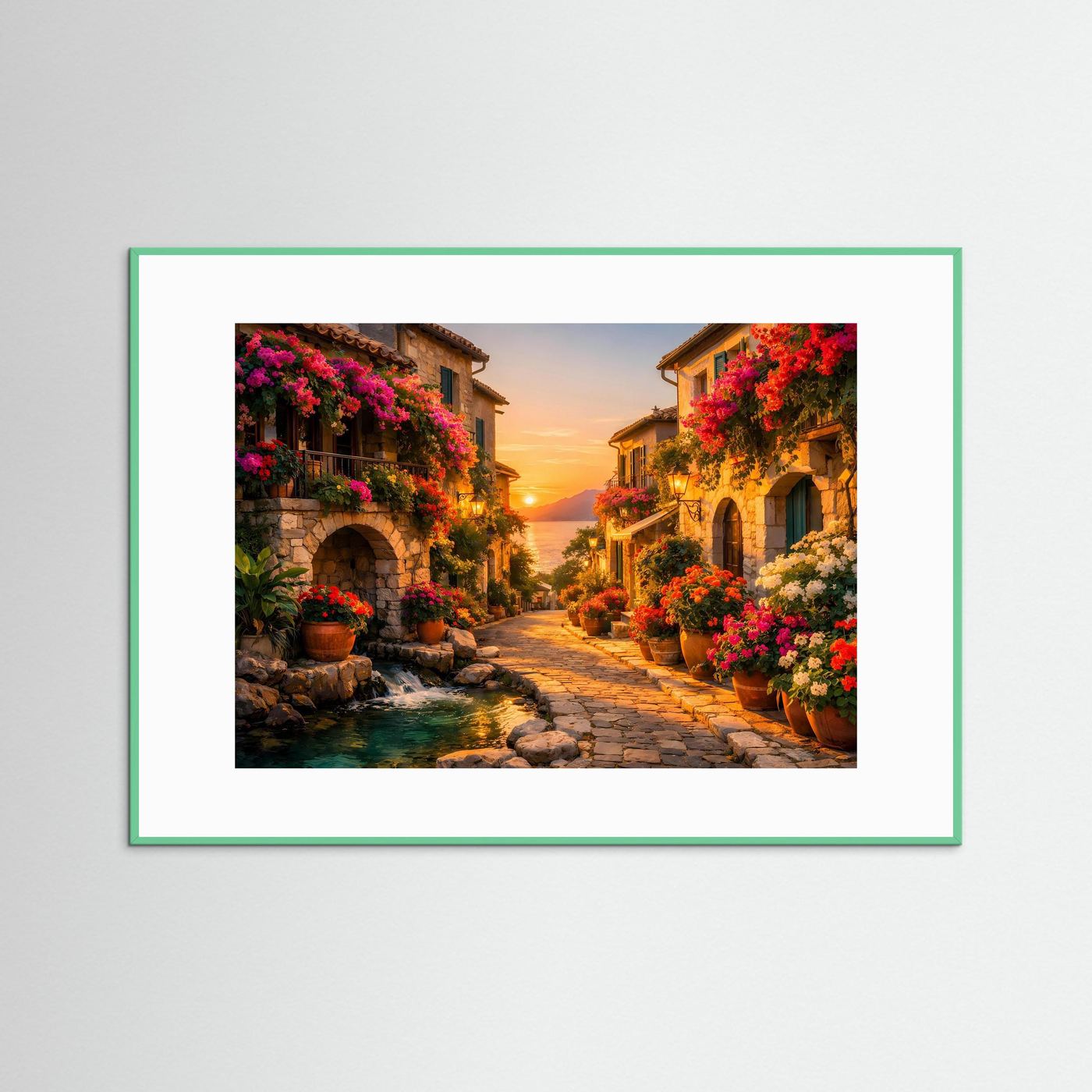 Gerahmtes Wandbild: mediterrane Gasse mit Blumen und Bach im Abendlicht, grüner Rahmen, weißer Rand.